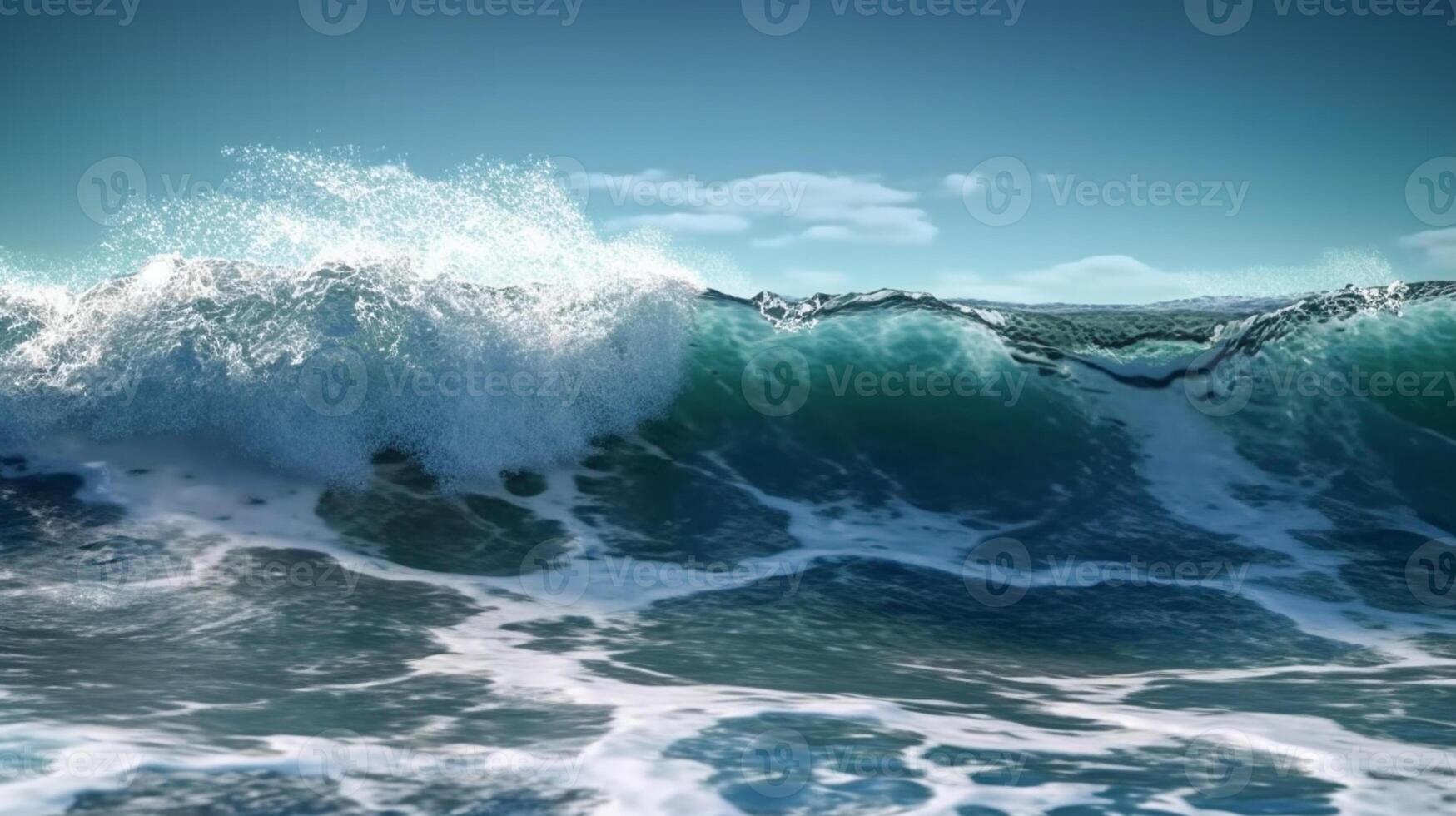 Close up of high sea wave and blue sky background. . photo
