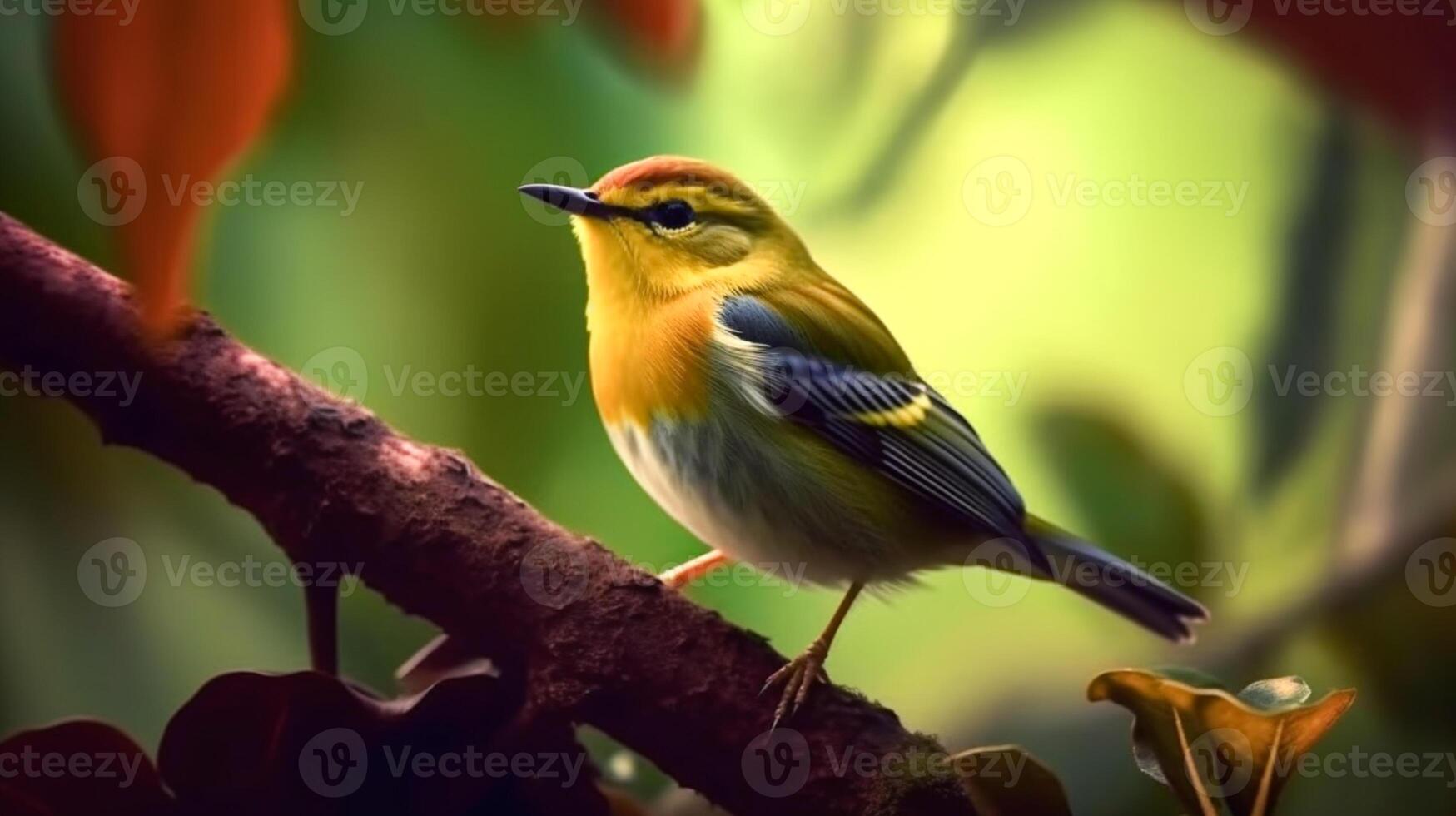 Warbler perching on a branch, Bright clear ligh blur background of green nature. photo