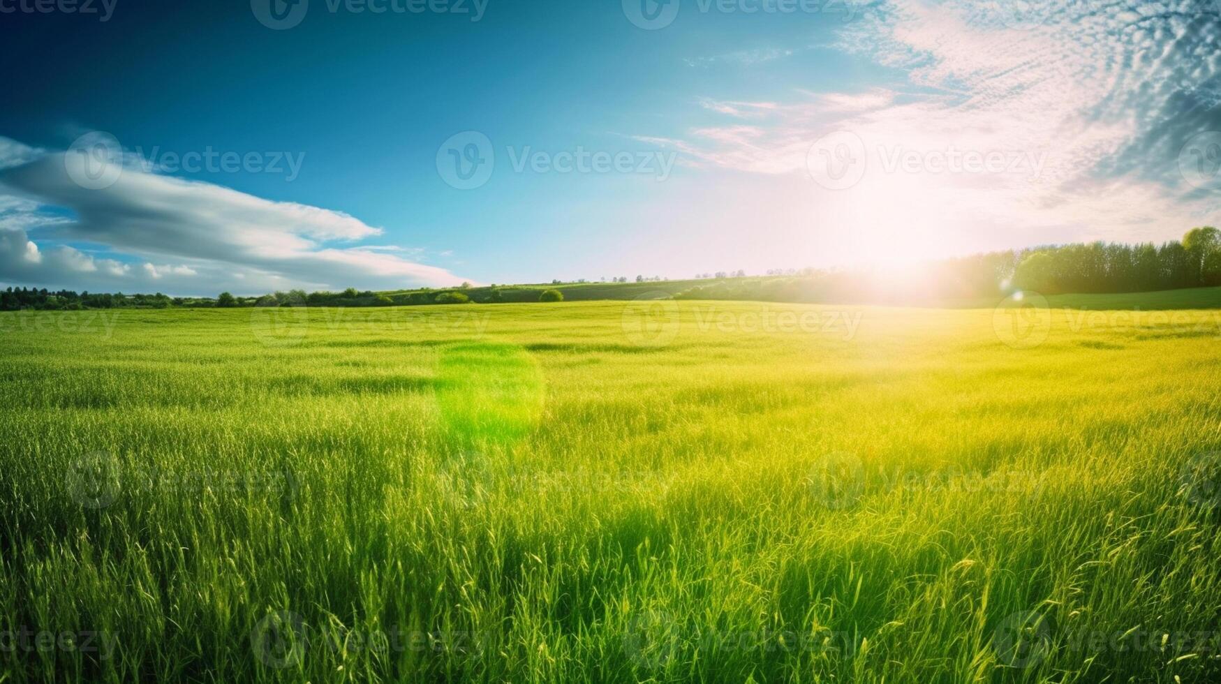 Land scape image of Extensive lawn and blue sky, white clouds and the sun on the horizon. photo