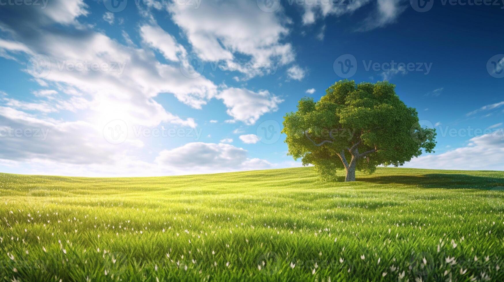 Land scape image of Extensive lawn and blue sky, white clouds and the sun on the horizon, big tree. photo