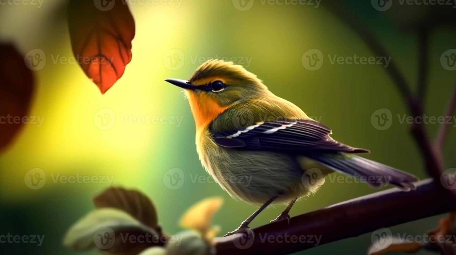 Warbler perching on a branch, Bright clear ligh blur background of green nature. photo