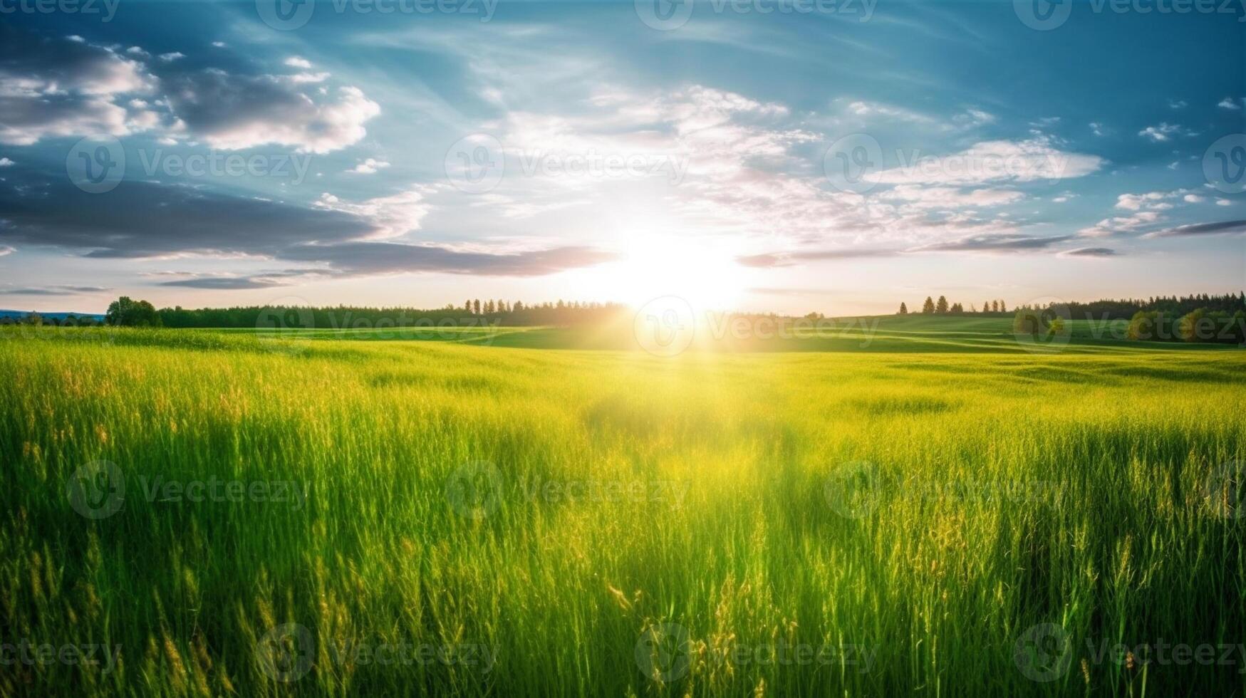 Land scape image of Extensive lawn and blue sky, white clouds and the sun on the horizon. photo