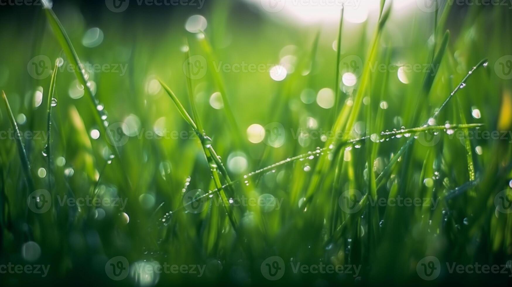 Image of green grass with a dew drops, bright clear light blur green nature bokeh on blacground. photo