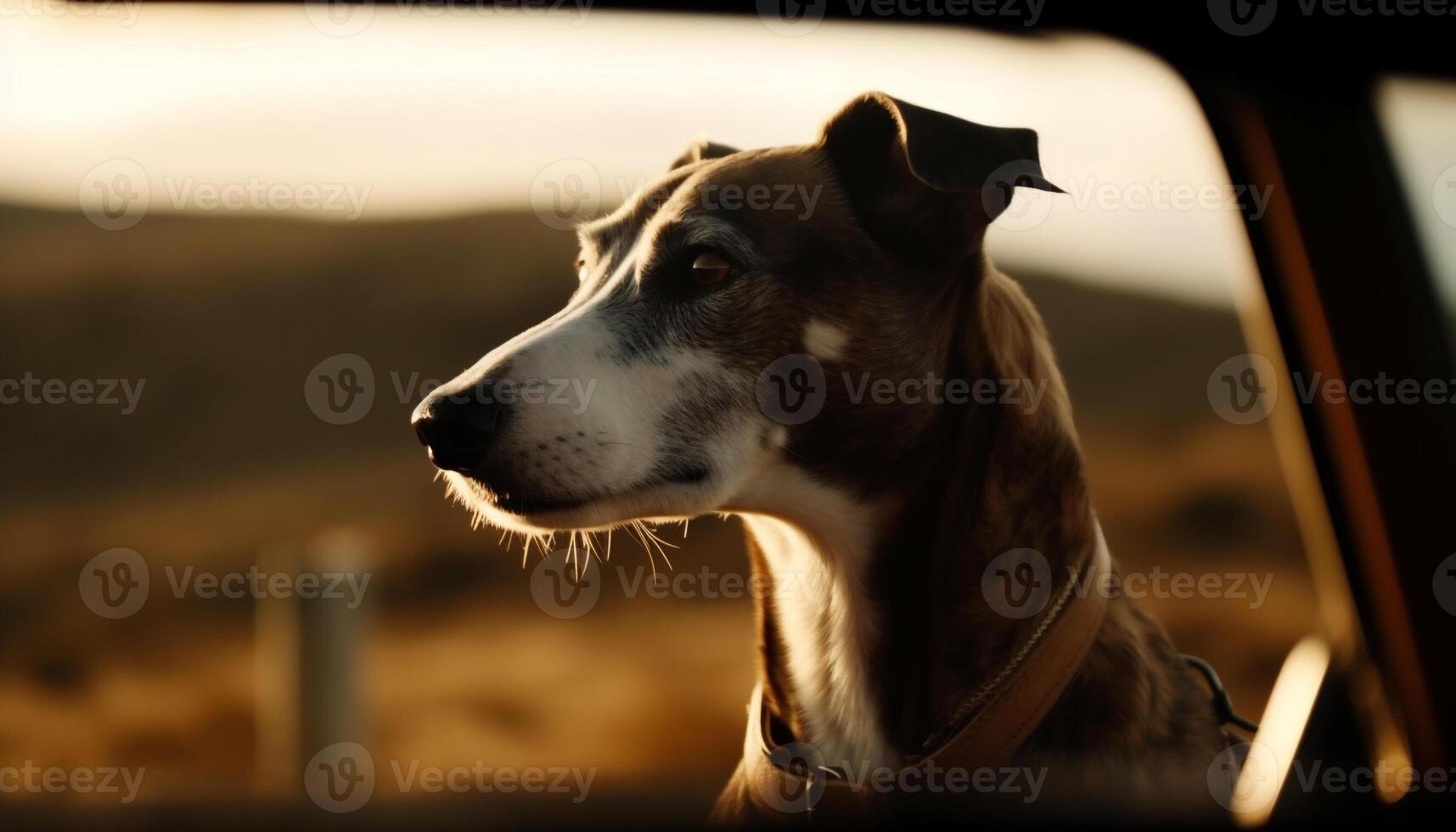 Cute puppy sitting outdoors, looking at sunset generated by AI photo