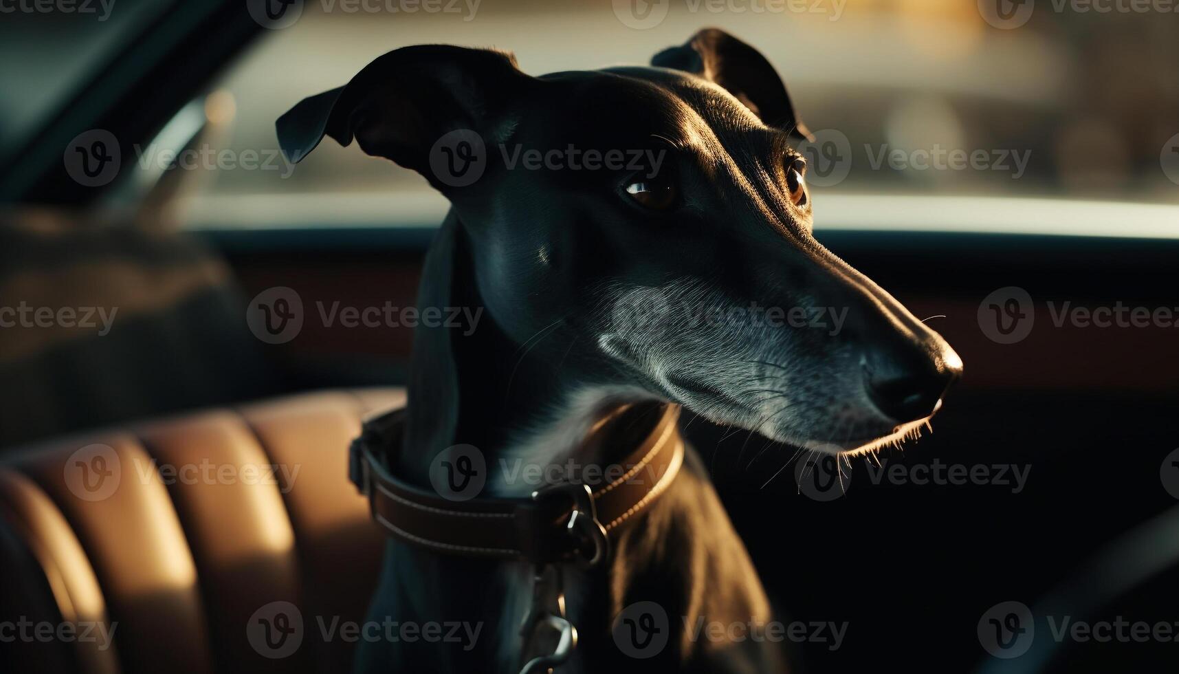 linda perrito sentado en auto, mirando fuera ventana generado por ai foto