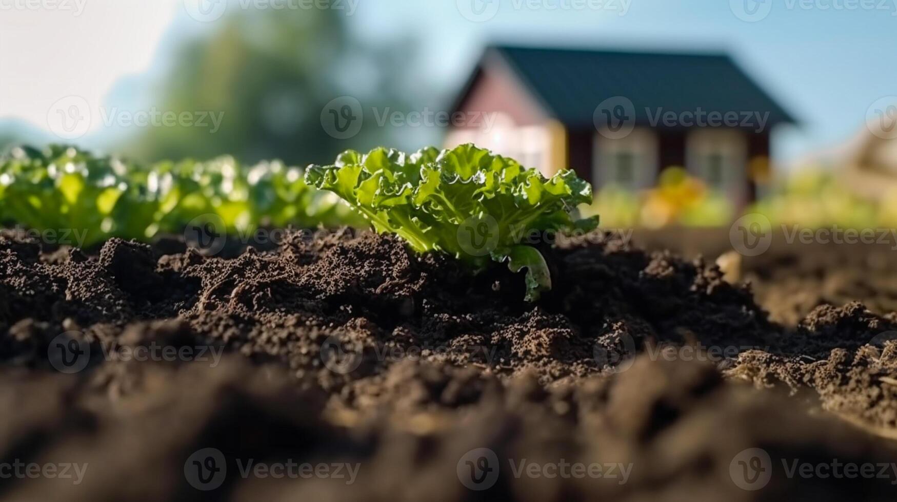 Close up of lettuce farm, black soil and blur cottage in the middle of the farm blue sky sunny day. Product display montage. . photo