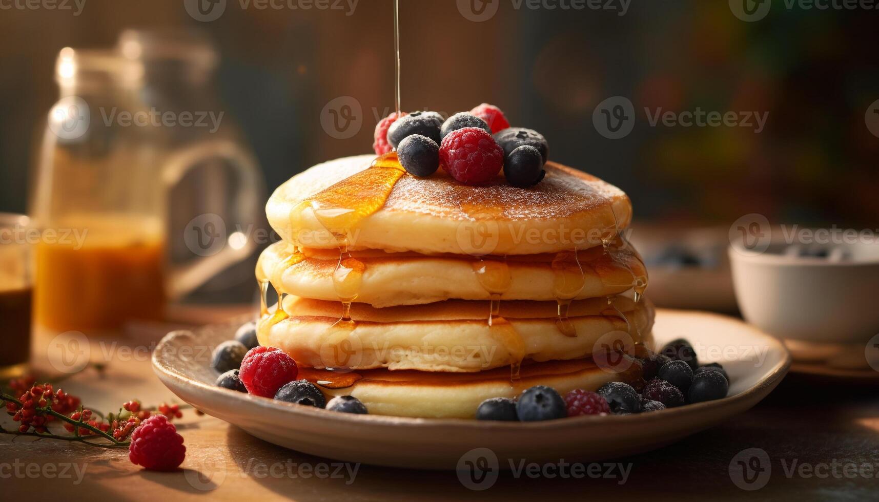 Fresh blueberry pancakes with raspberry syrup pouring generated by AI photo