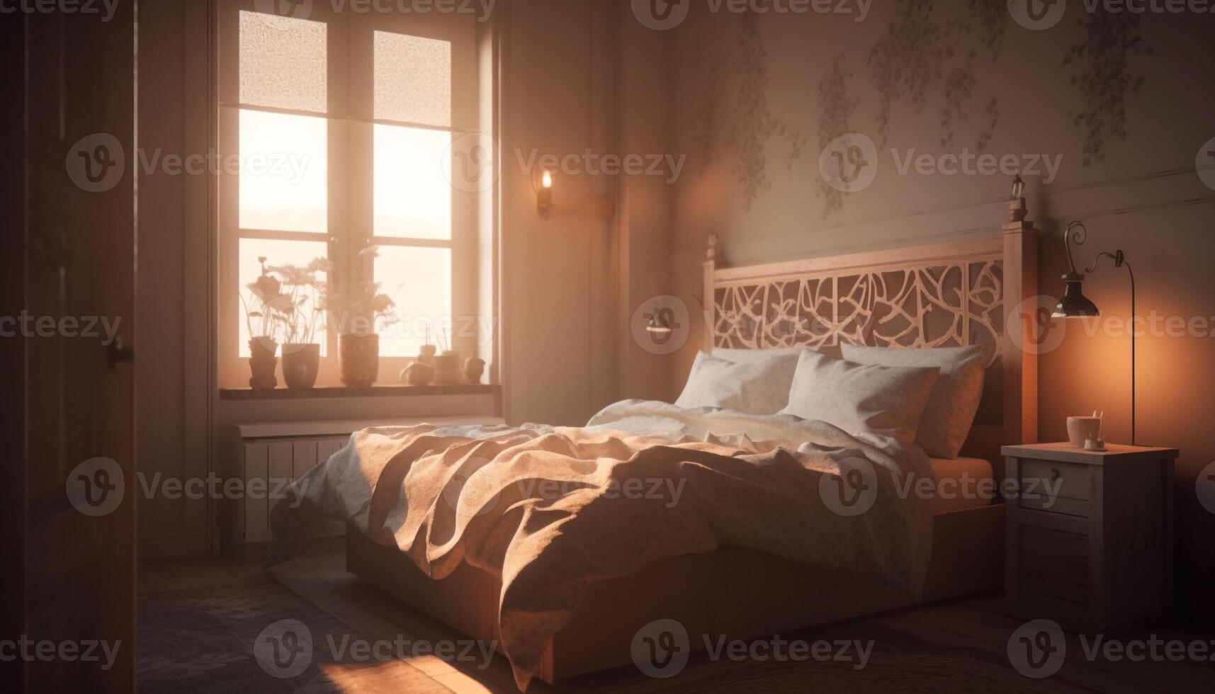 Cozy modern bedroom with bright natural sunlight generated by AI photo