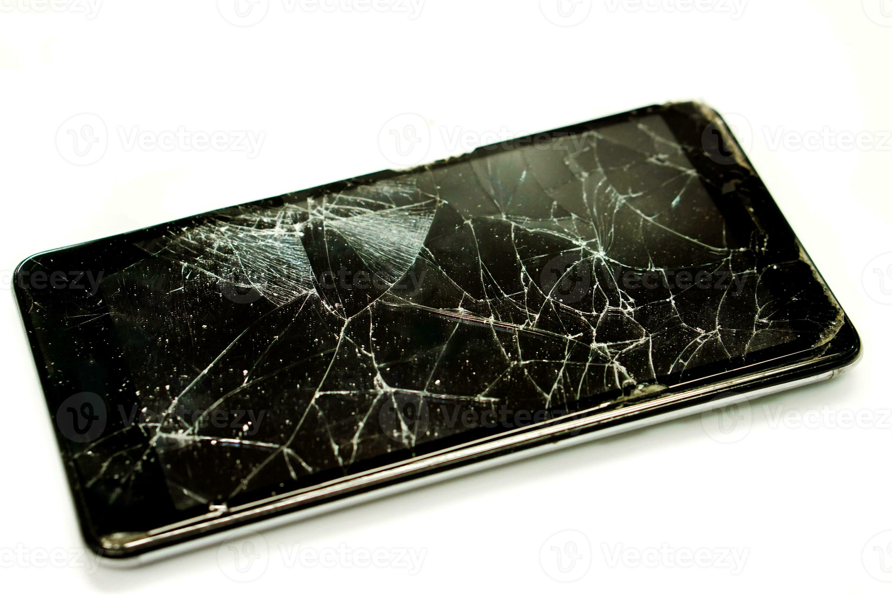 Closeup broken and pull down of black mobile phone isolate on white