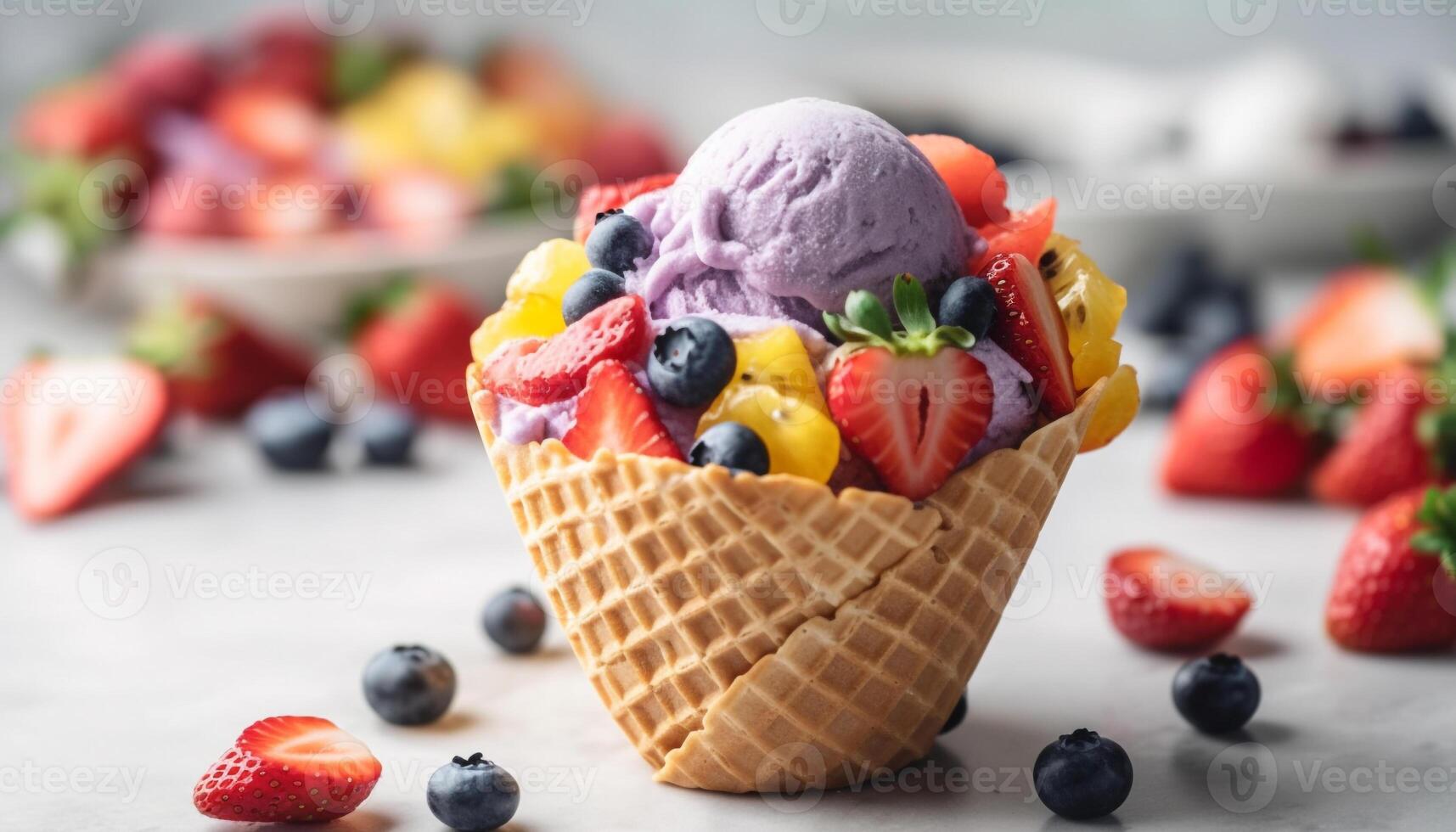 Sweet summer indulgence berry ice cream waffle cone generated by AI photo