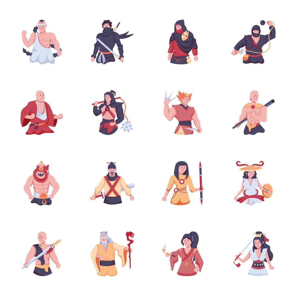 paquete de antiguo luchadores plano íconos vector