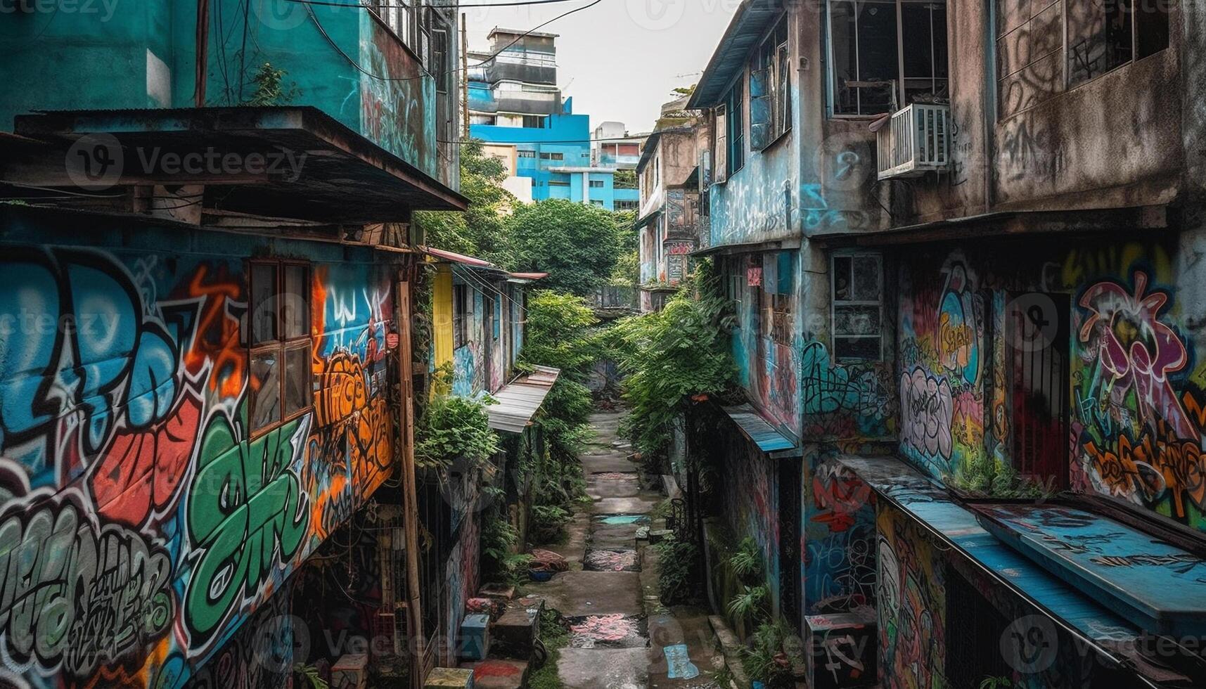 Colorful cultures paint city chaos with creativity generated by AI photo