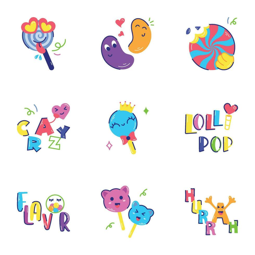 Modern Pack of Typography and Sweets Flat Stickers vector