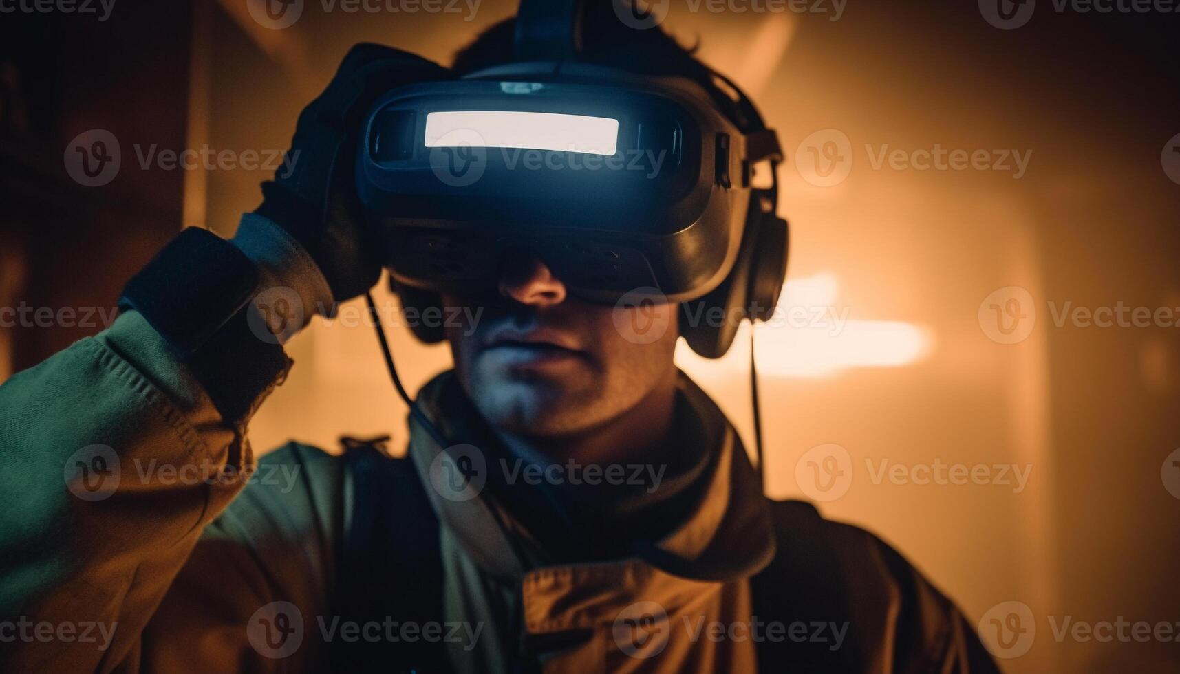 Young adult playing virtual reality game indoors generated by AI photo