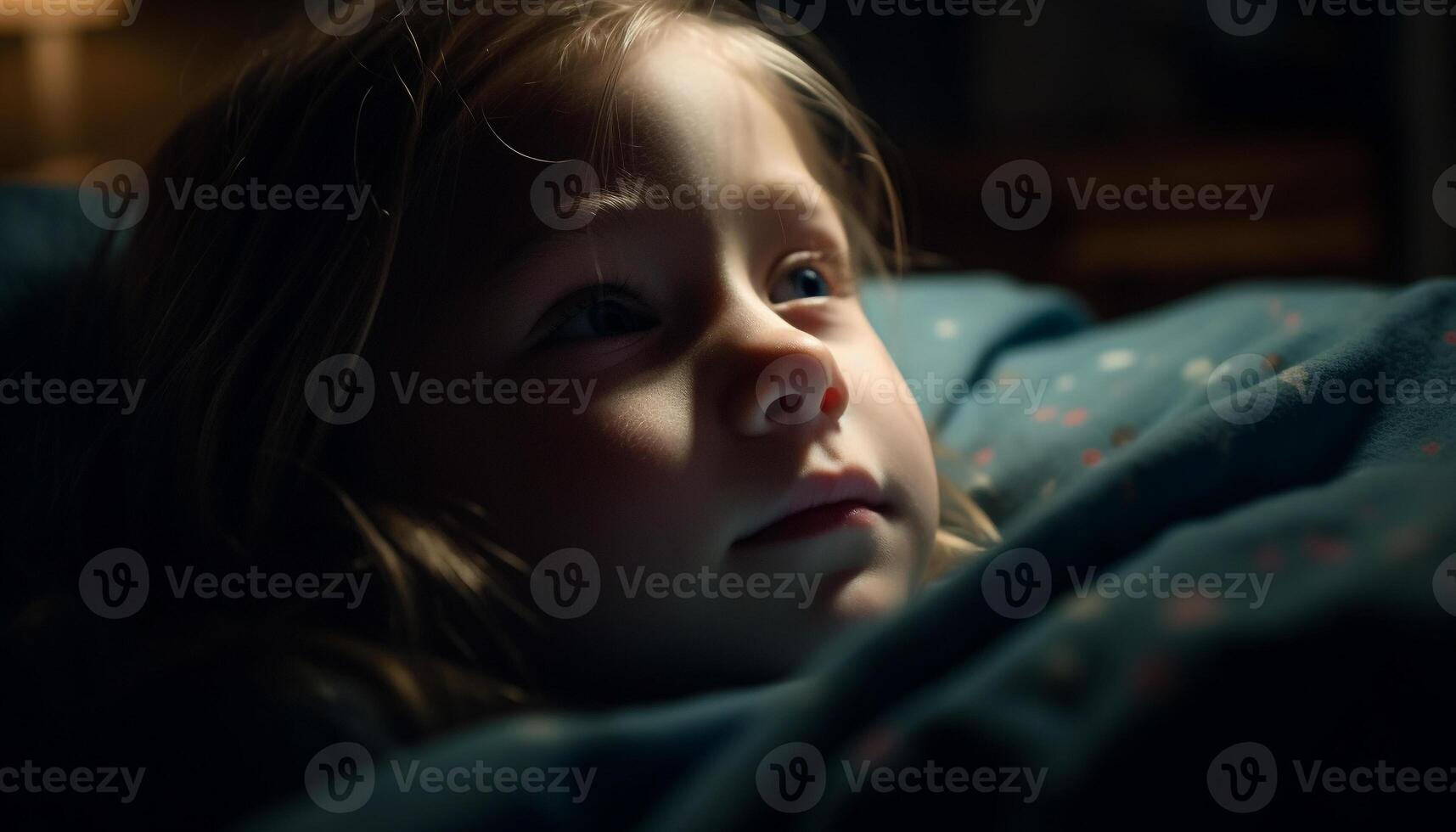 Cute Caucasian toddler lying down, looking up happily generated by AI photo