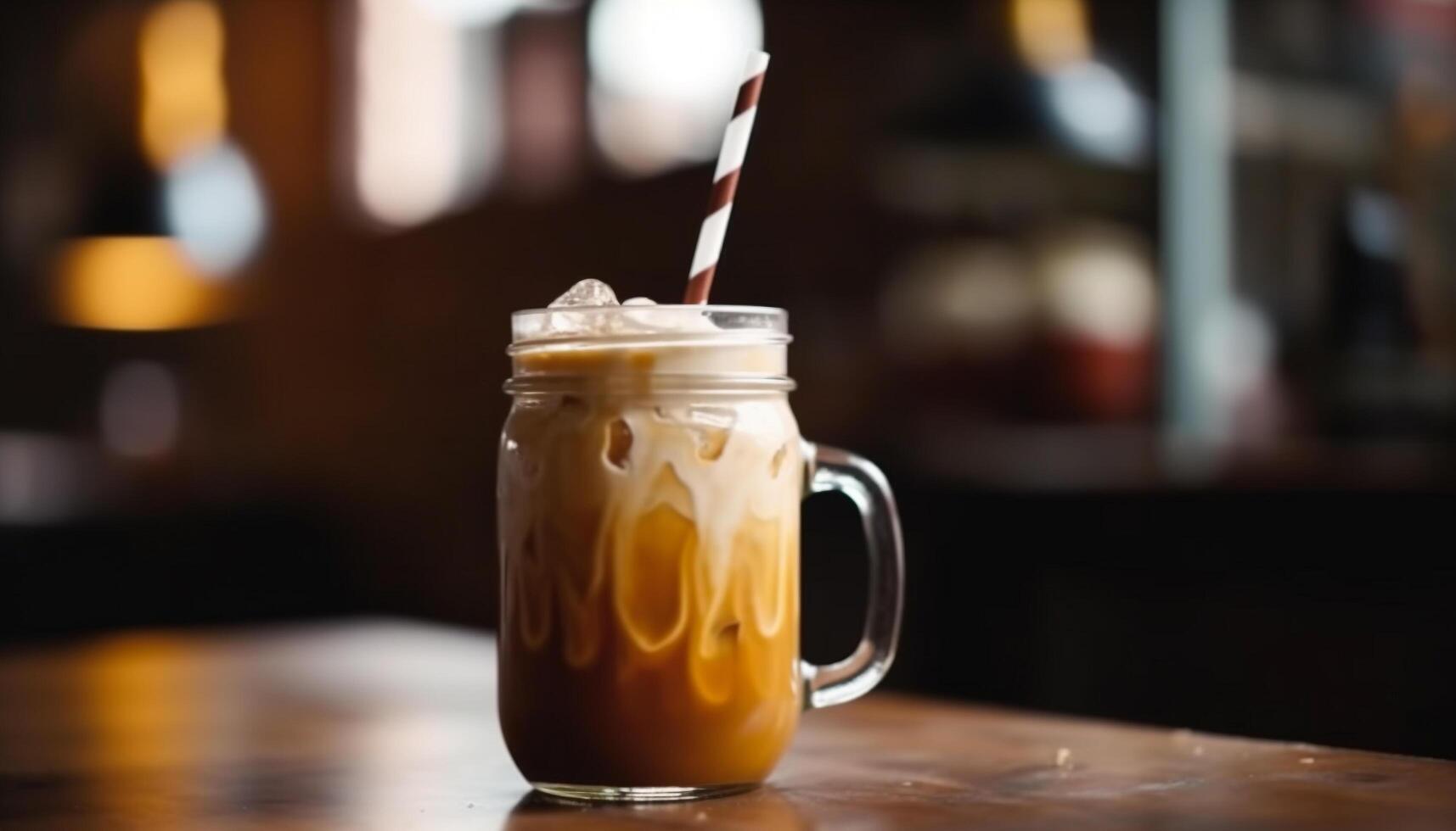 Fresh latte on wooden table with foam generated by AI photo