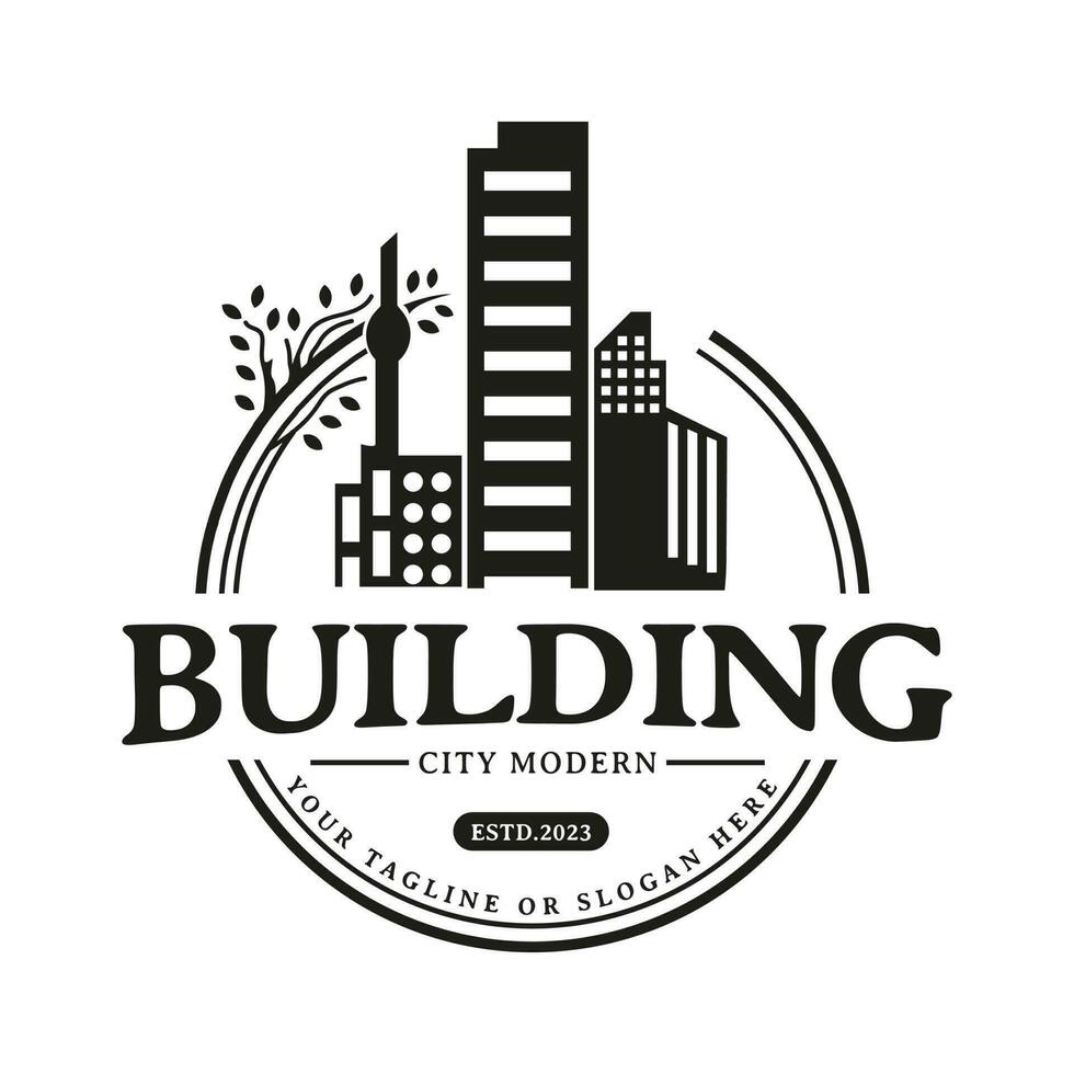 High rise building design inspiration in stamp form, round vintage retro design vector