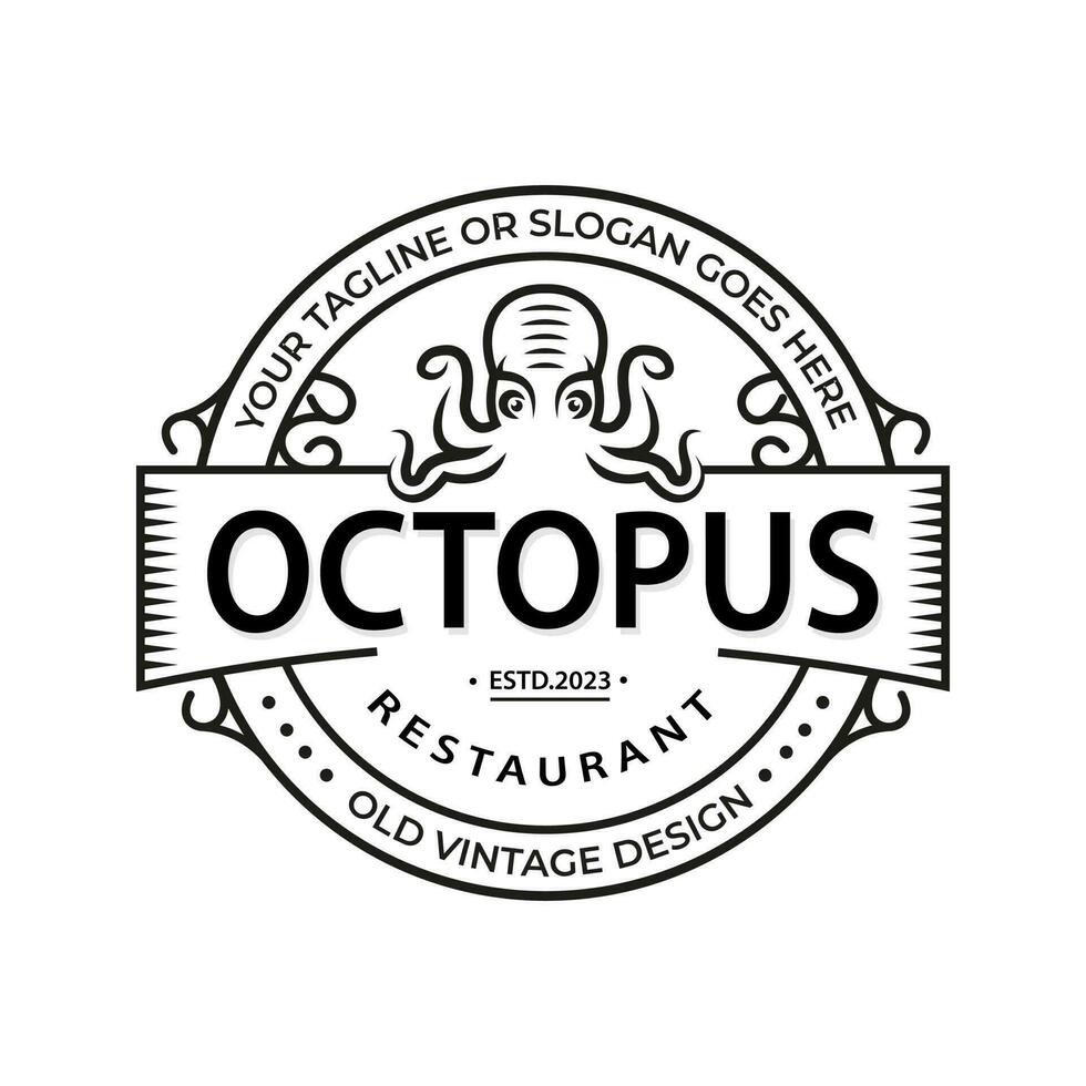 Template for logo, label and emblem with white octopus silhouette. Vector illustration Seafood Restaurant logo, poster template