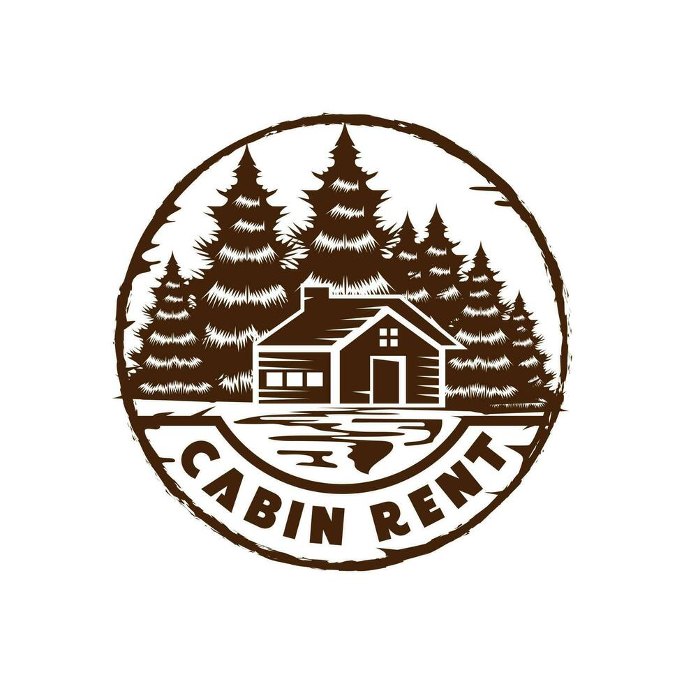 Vintage Retro Circular Pine Trees Forest with Rent Cabin Chalet Logo Design Vector