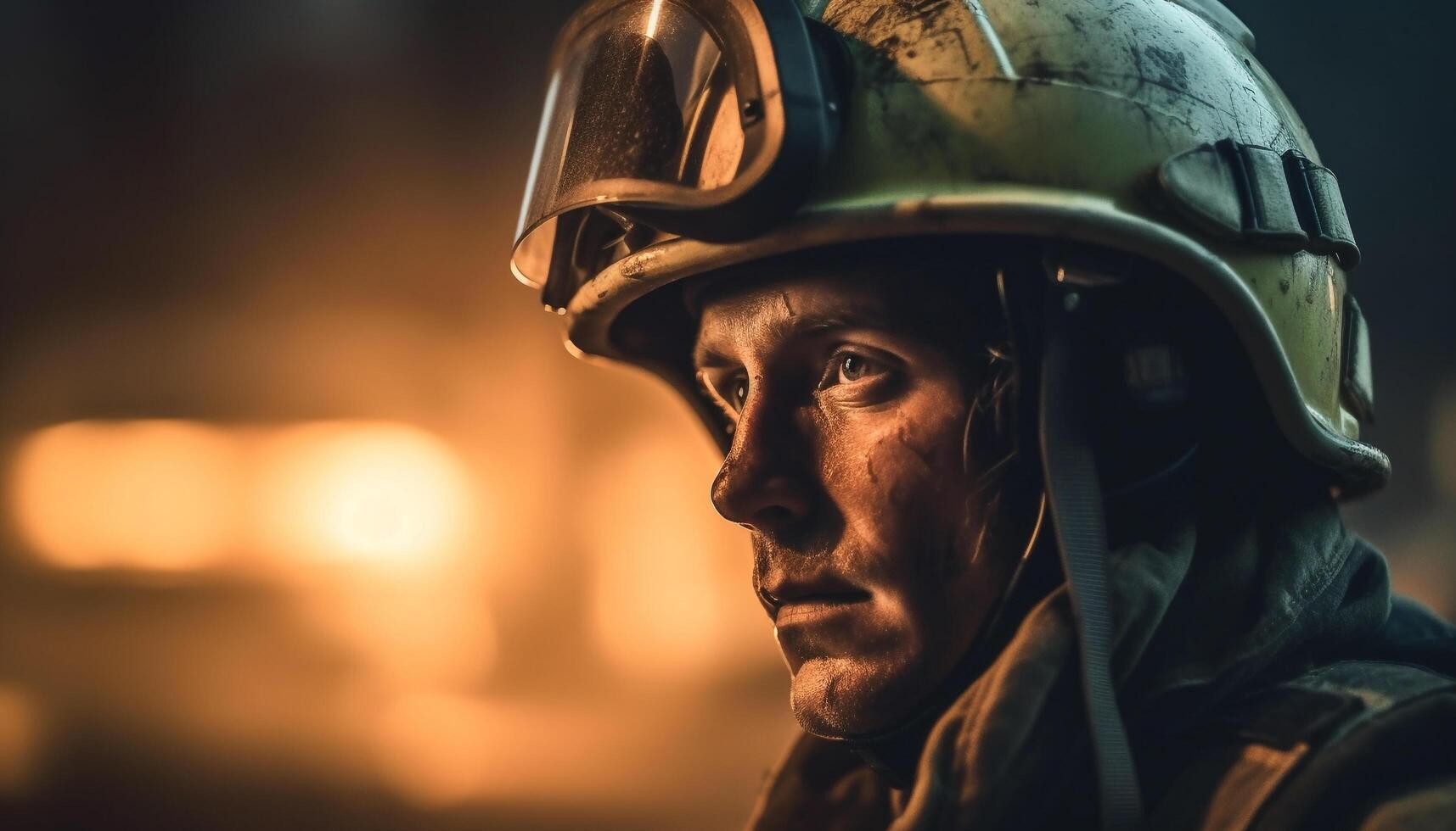 Firefighter in helmet protects from burning flames generated by AI photo