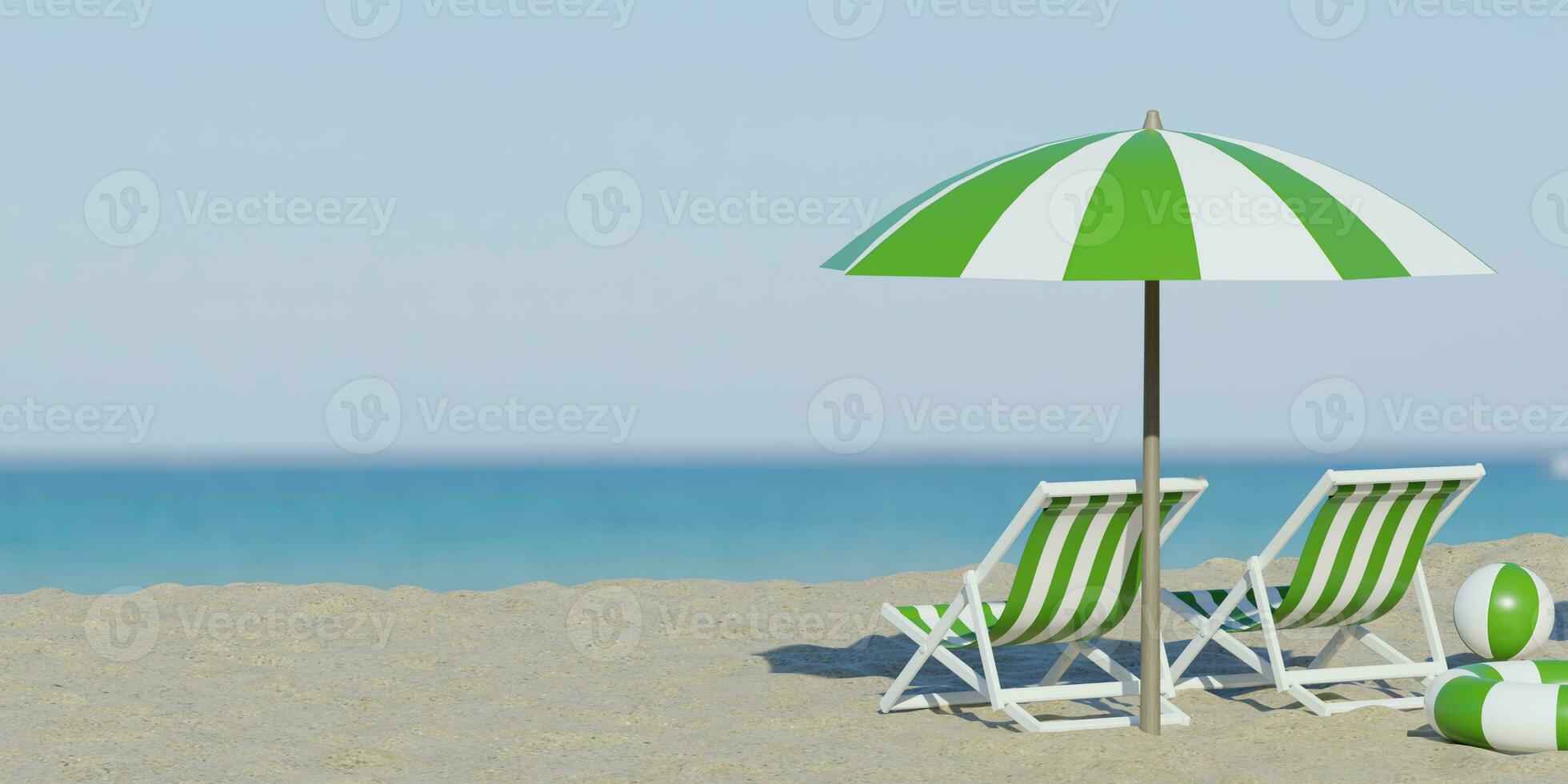 3d rendering. Beautiful beach. Chairs on the sandy beach near the sea. Summer holiday and vacation concept for tourism. Inspirational tropical landscape. Tranquil scenery, relaxing beach photo