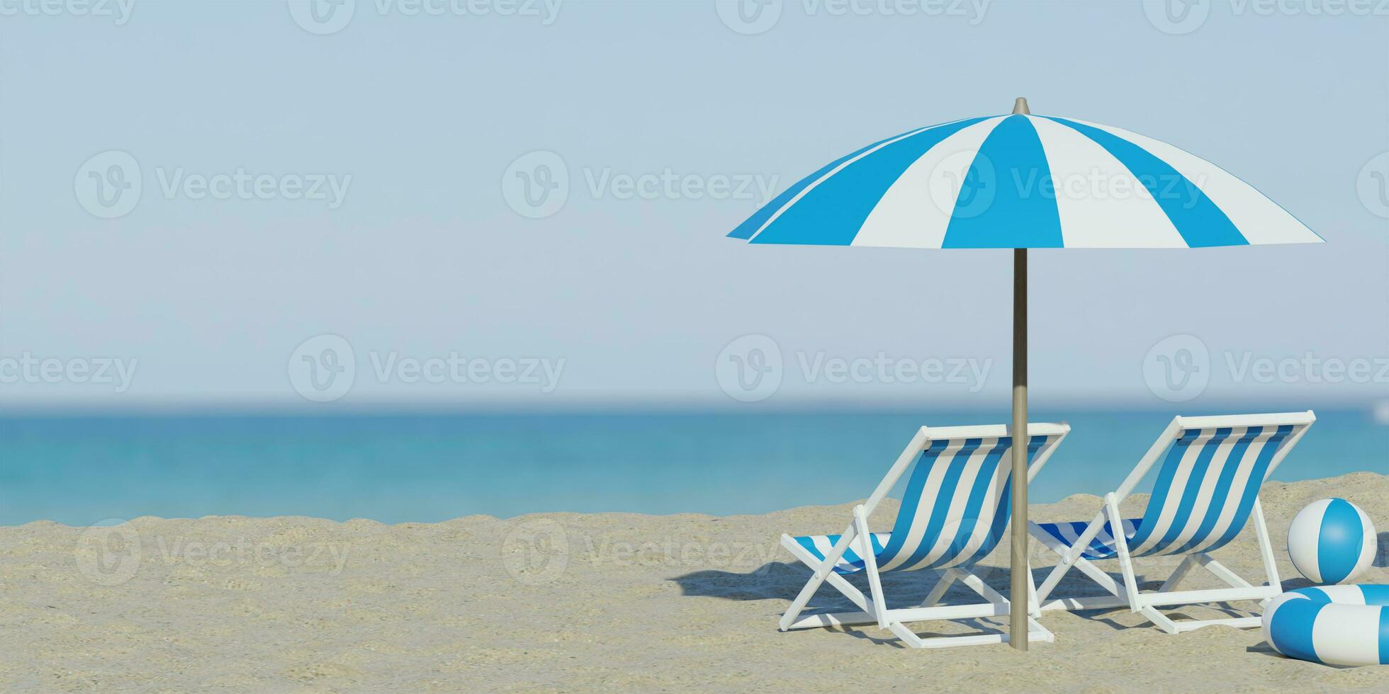 3d rendering. Beautiful beach. Chairs on the sandy beach near the sea. Summer holiday and vacation concept for tourism. Inspirational tropical landscape. Tranquil scenery, relaxing beach photo