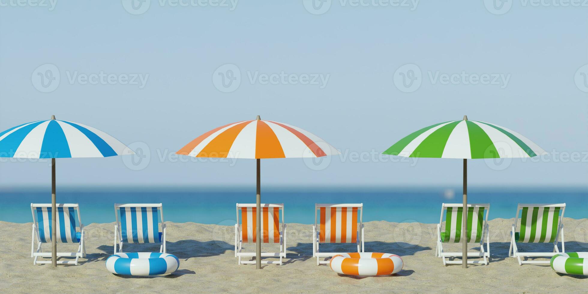3d rendering. Beautiful beach. Chairs on the sandy beach near the sea. Summer holiday and vacation concept for tourism. Inspirational tropical landscape. Tranquil scenery, relaxing beach photo