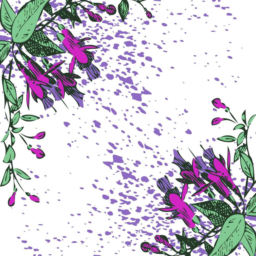 Bouquet of fuchsia flowers on white background. Artistic botanical vector illustration. Floral trendy pattern frame, graphic design with watercolor splatter. Purple green colors