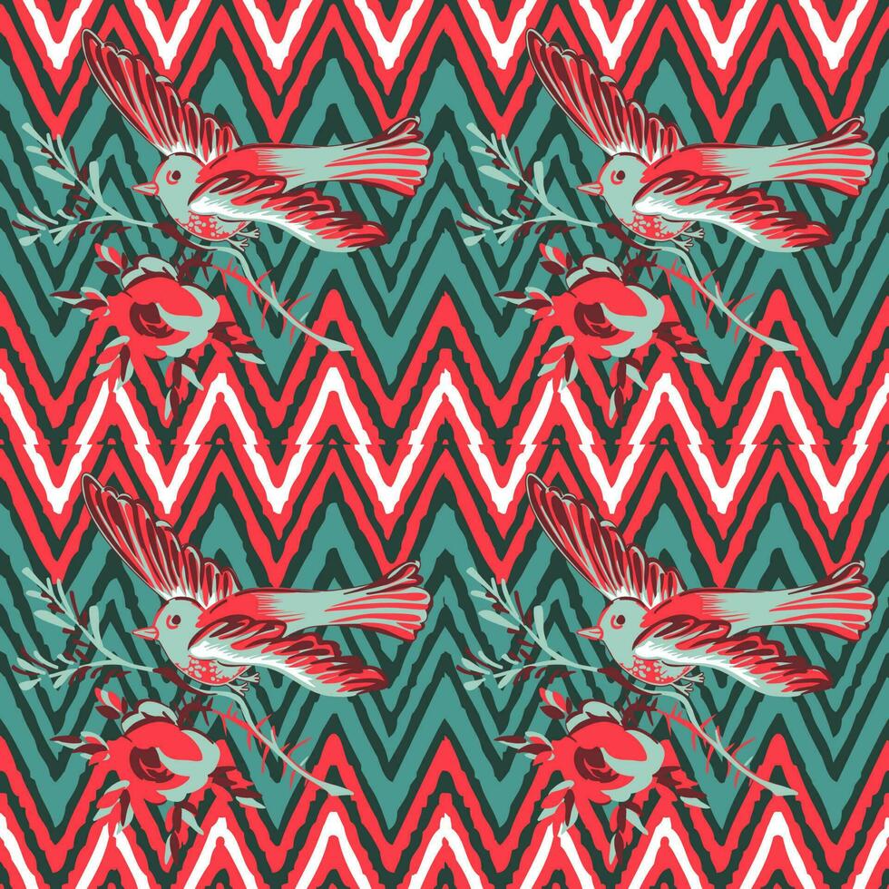 mano dibujado pájaro volador con flor rosas en zigzag modelo rojo antecedentes. étnico Clásico impresión. vector ilustración para diseño, moda, textil, saludo tarjeta, tela, envase papel