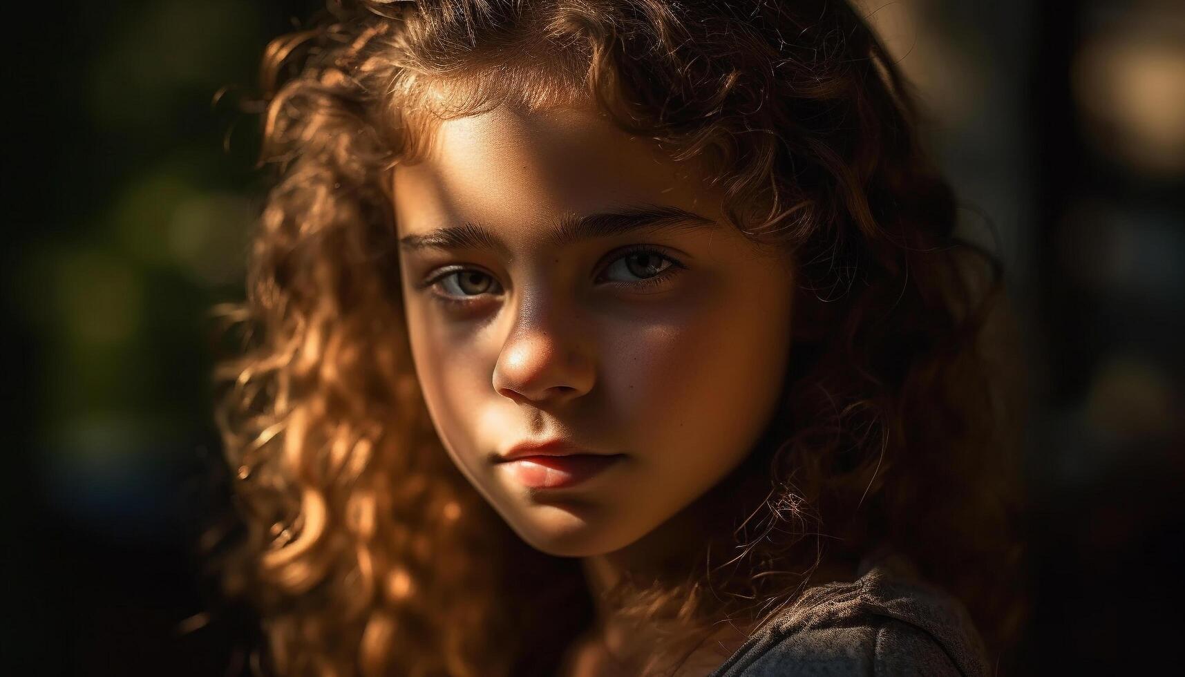 Young woman with curly brown hair smiling outdoors generated by AI photo