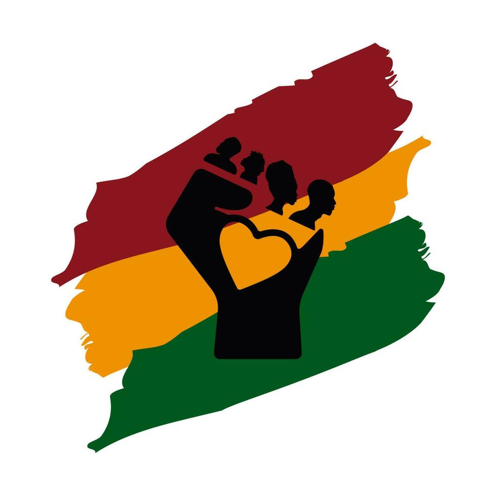 Dynamic Vector Illustration Honoring Black History Month in October and February, Portraying Unity and Love with an Empowering Fist Featuring African American Individuals Instead of Fingers.