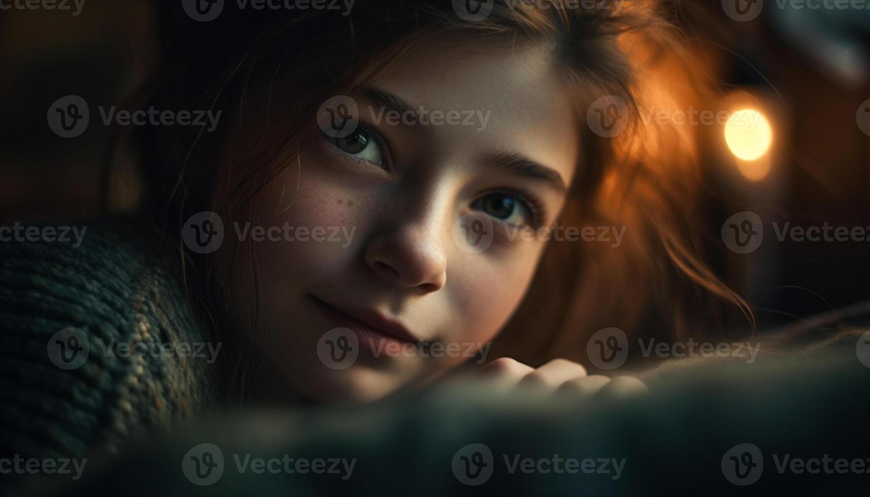 Cute Caucasian girl smiling indoors, looking at camera generated by AI photo