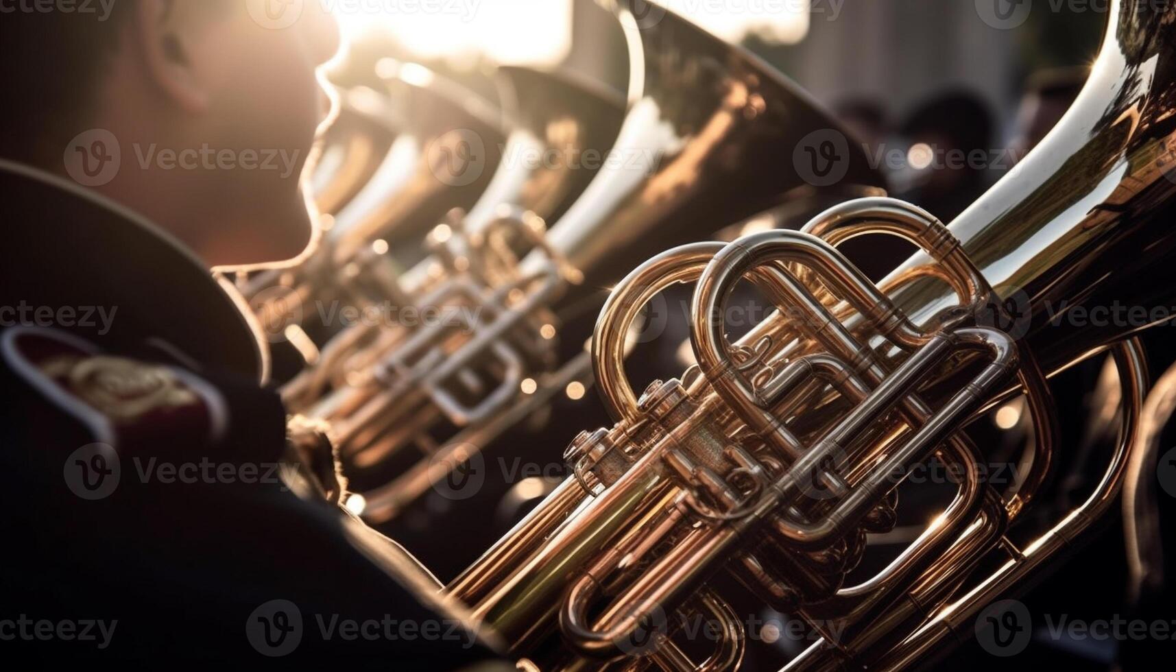 Brass musician blowing shiny trumpet in foreground generated by AI photo