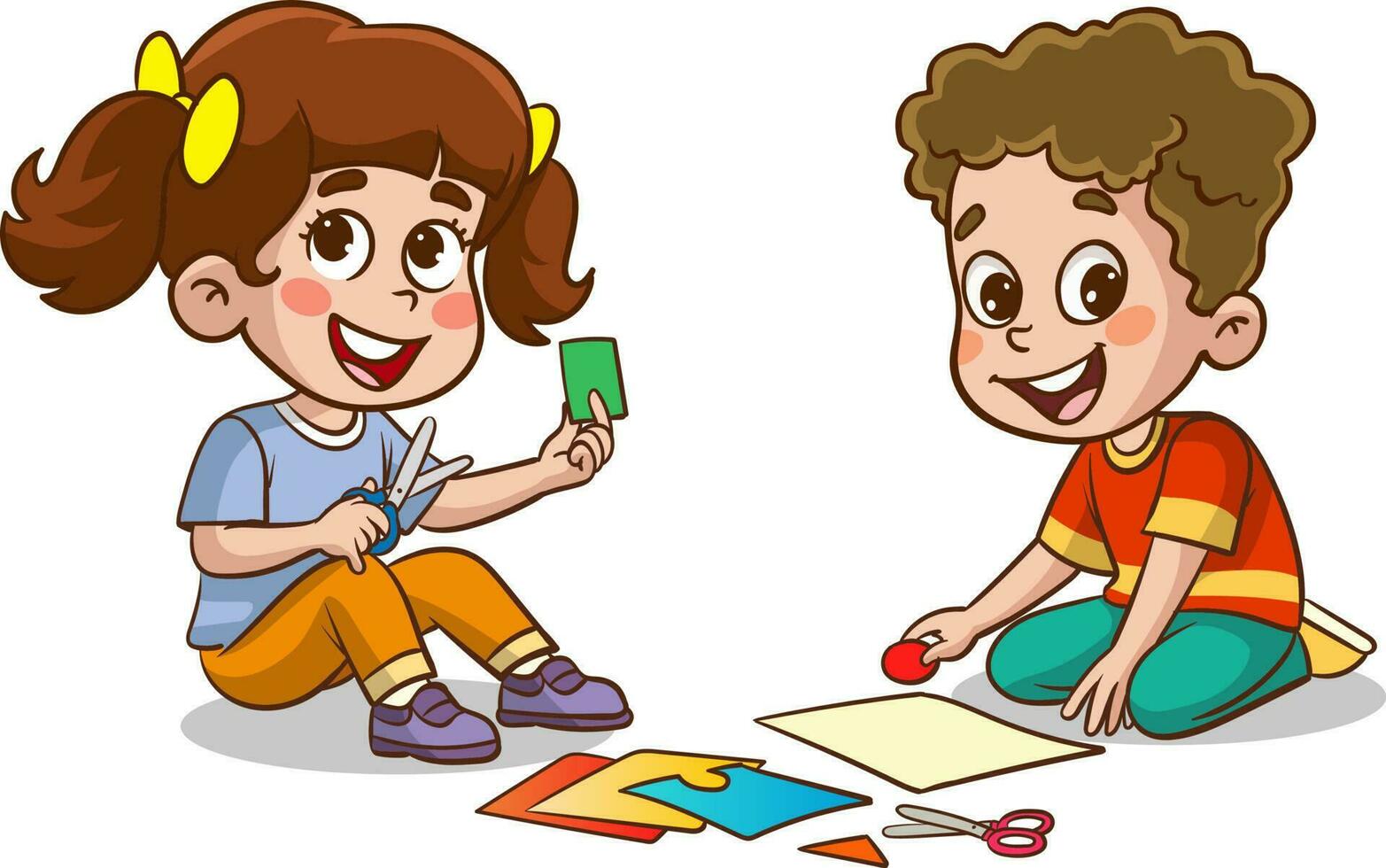 little kid cut paper for art with friend cartoon vector