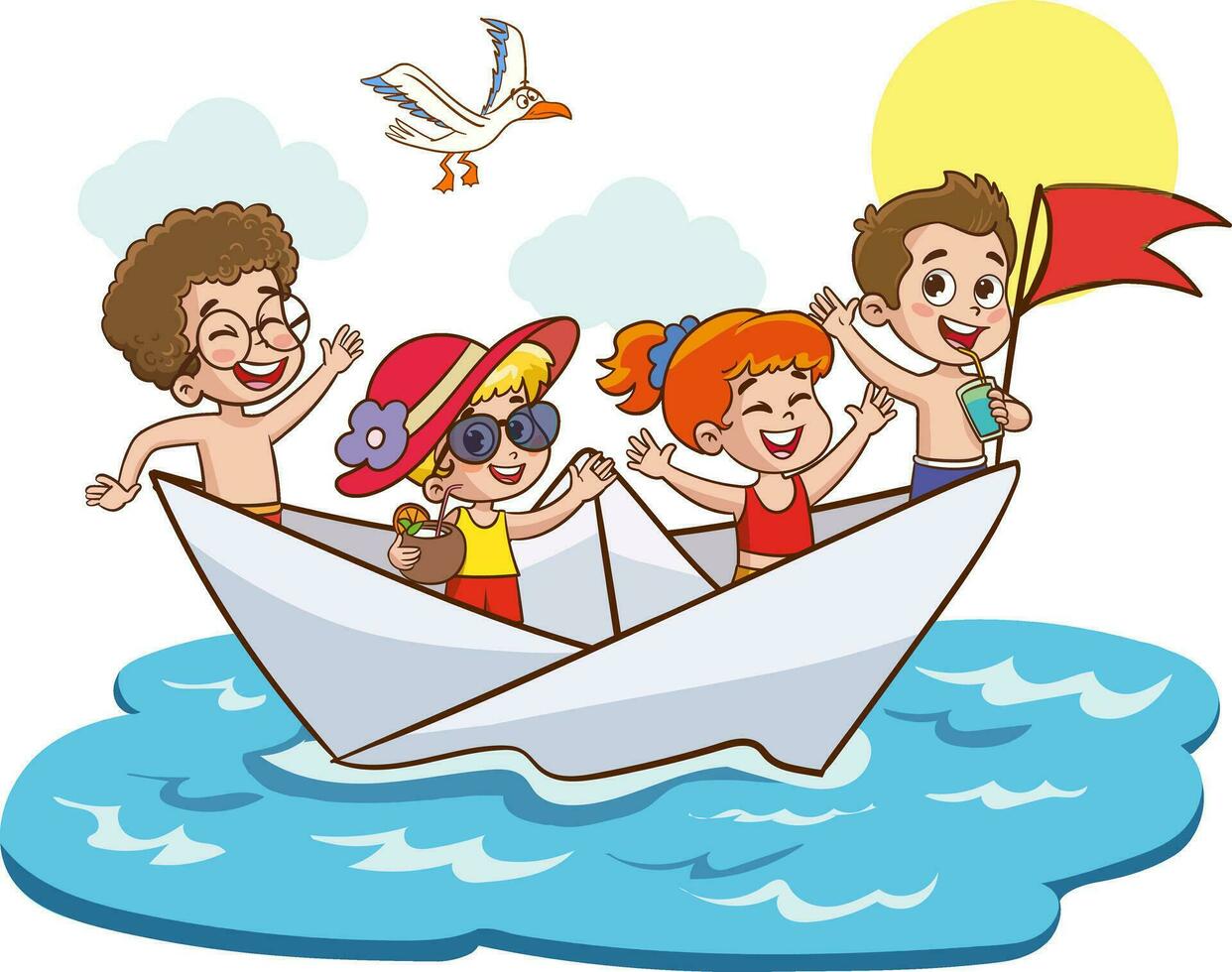 contento sonriente niños teniendo divertido y jugando marinero en imaginario mundo. niños jugando papel barco.lindo niños teniendo divertido en el mar dibujos animados vector. vector