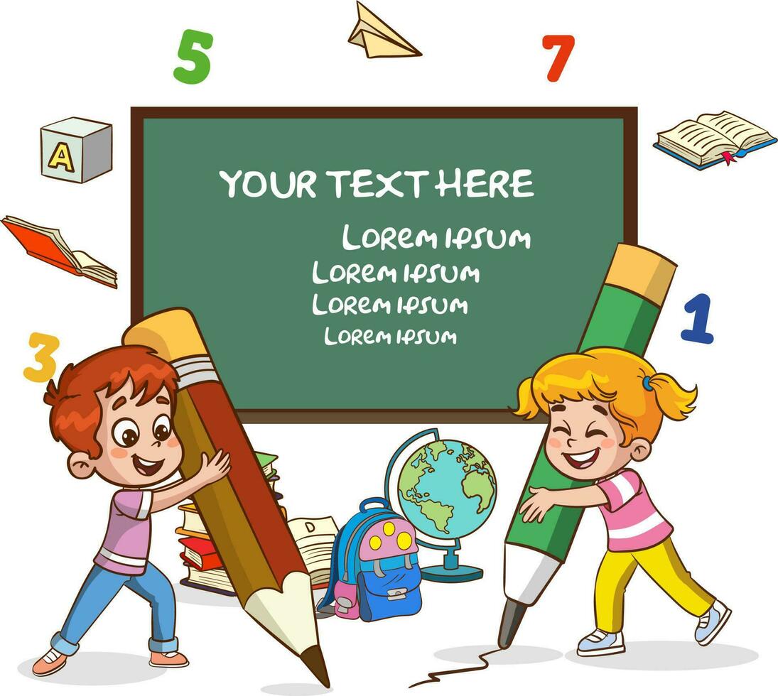 Vector Illustration of Kids Learning at the School Board with Place for Your Text