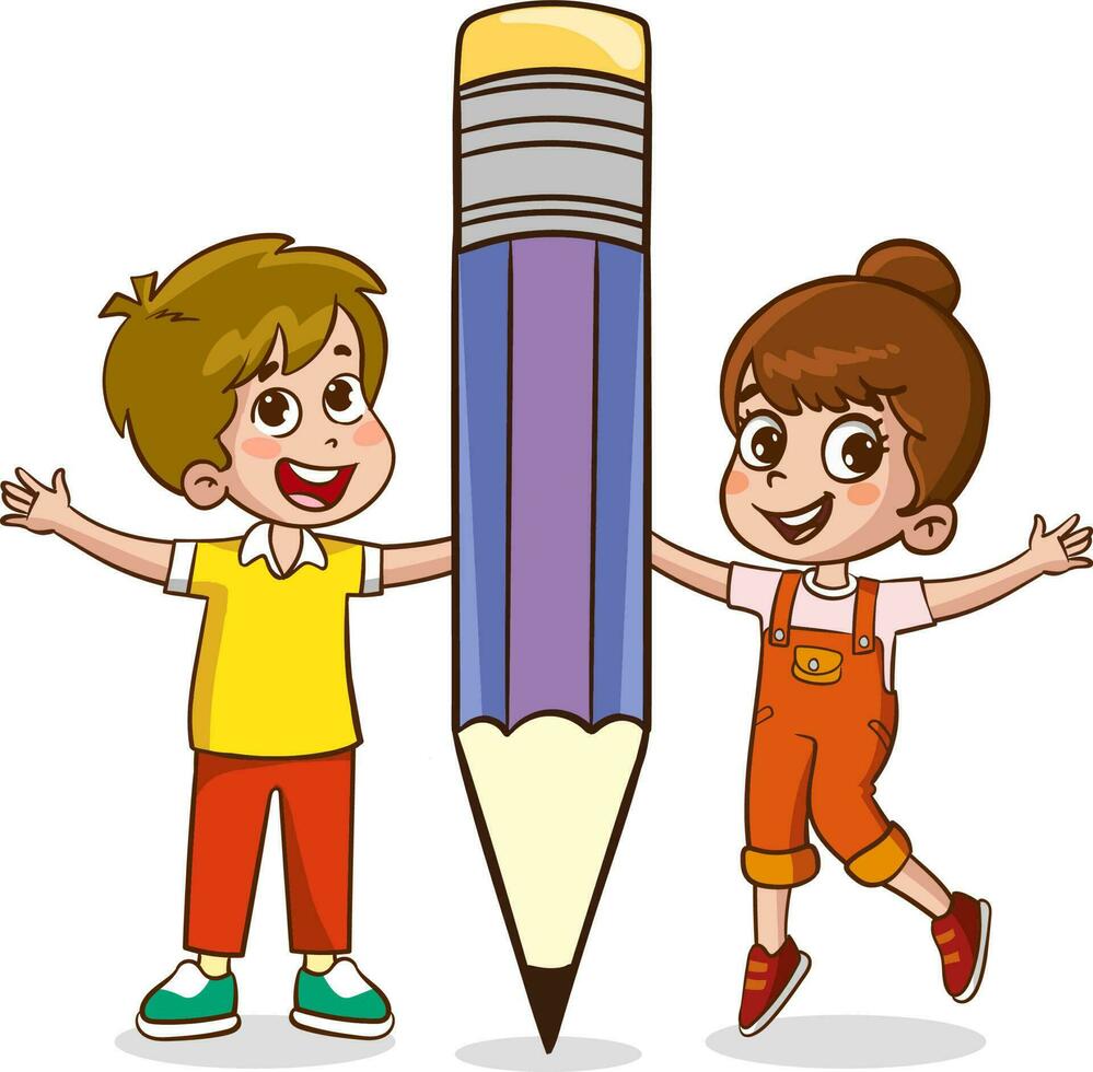 niños escritura con un grande bolígrafo dibujos animados vector