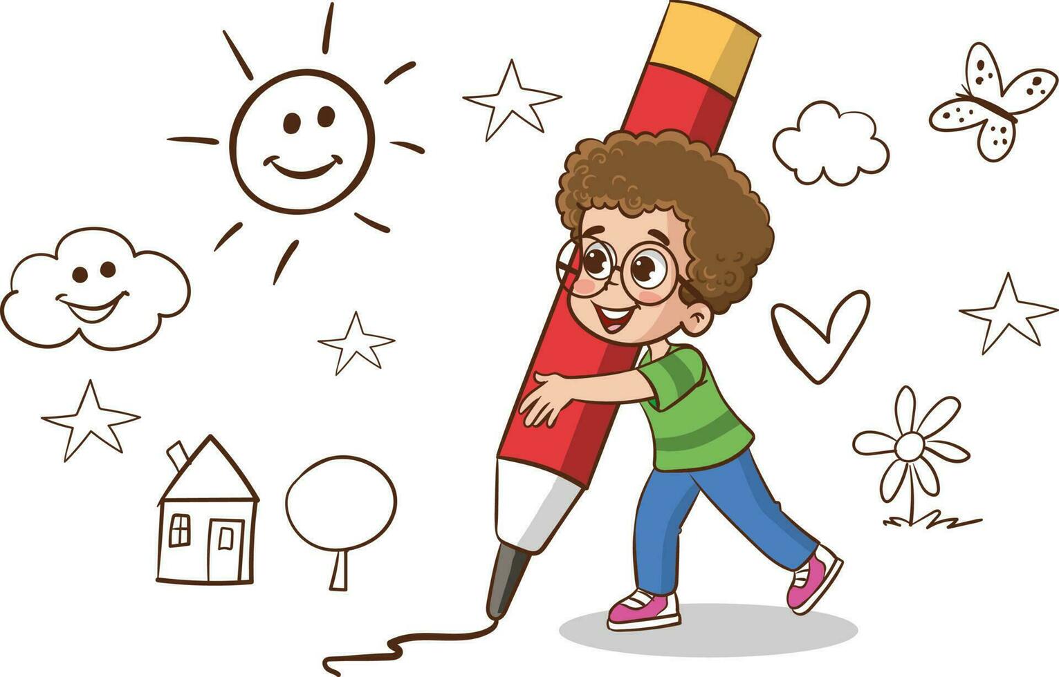 kids big pencil drawing vector illustration