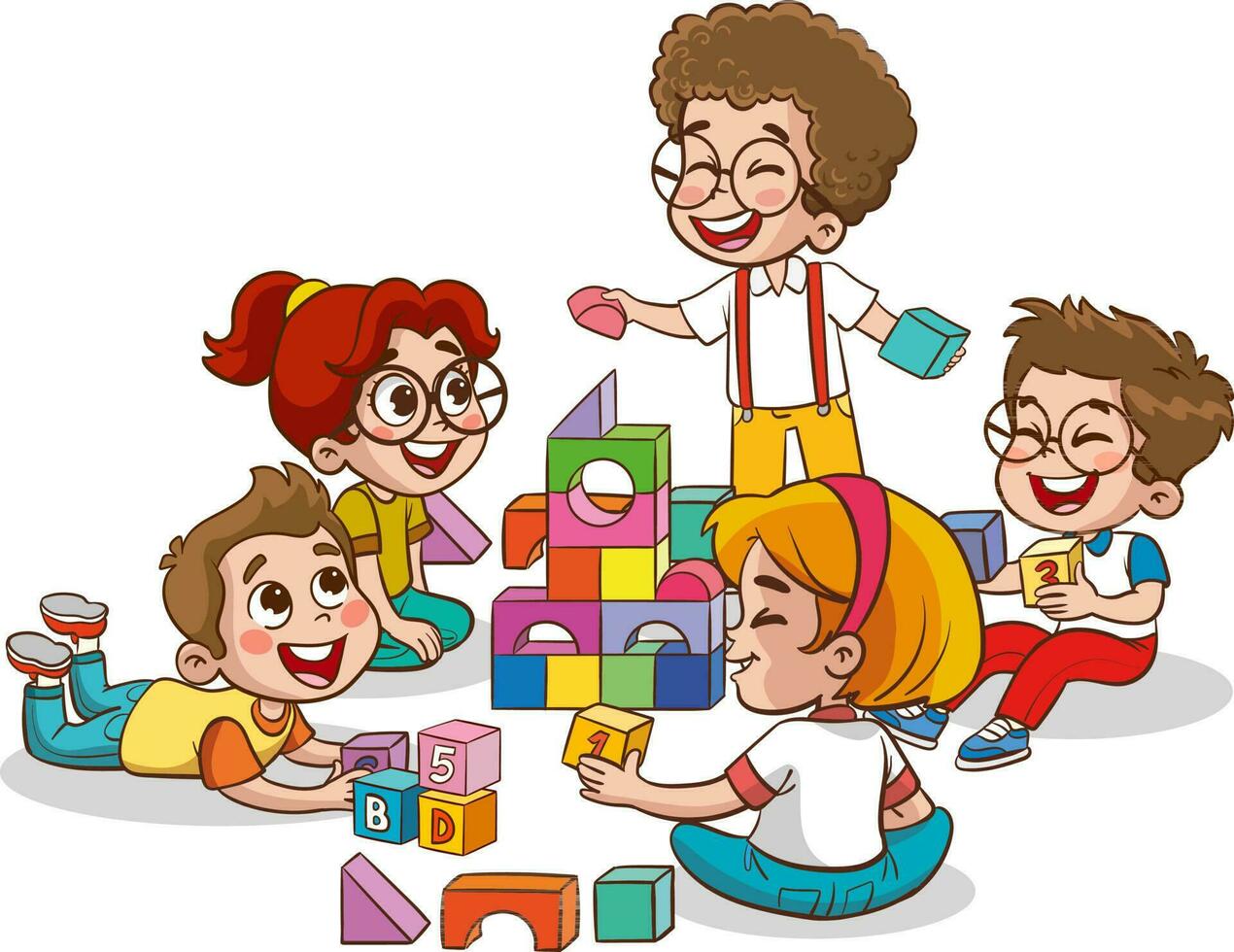ilustración de niños jugando con vistoso bloques en un blanco antecedentes vector