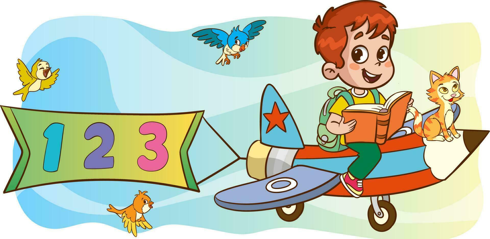 Funny Kid Flying On Colorful Pencil .vector illustration of child education image. vector