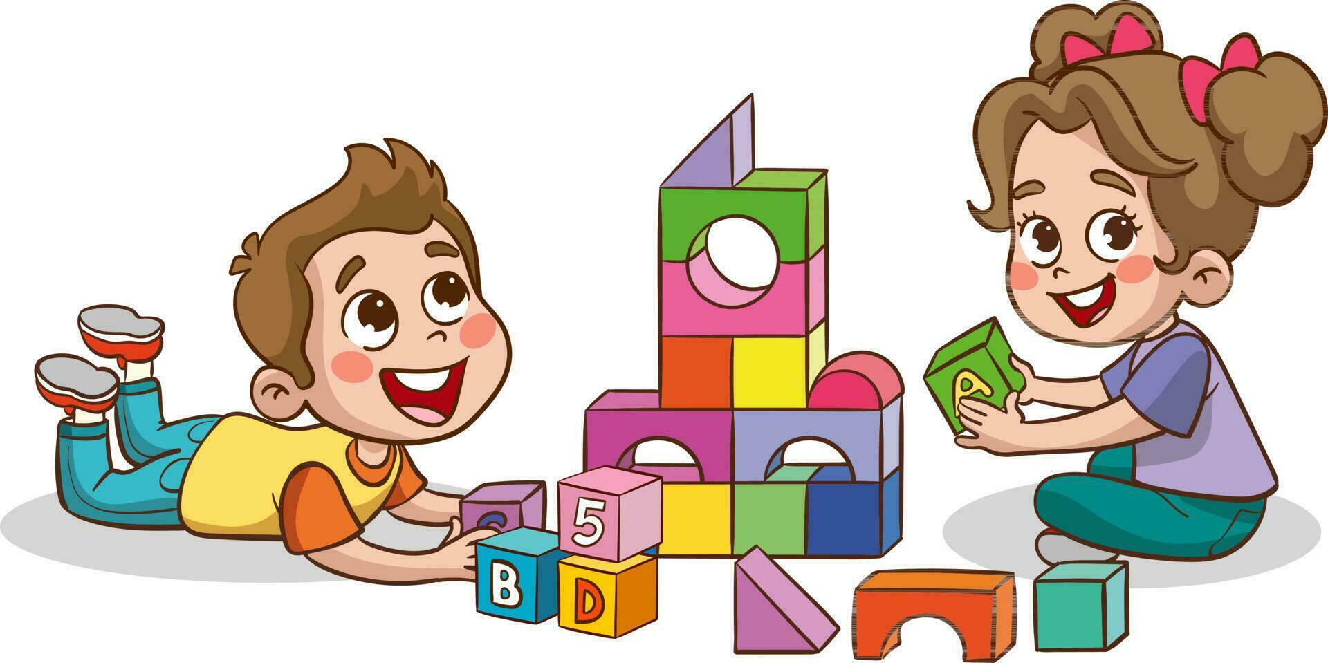 ilustración de niños jugando con vistoso bloques en un blanco antecedentes vector