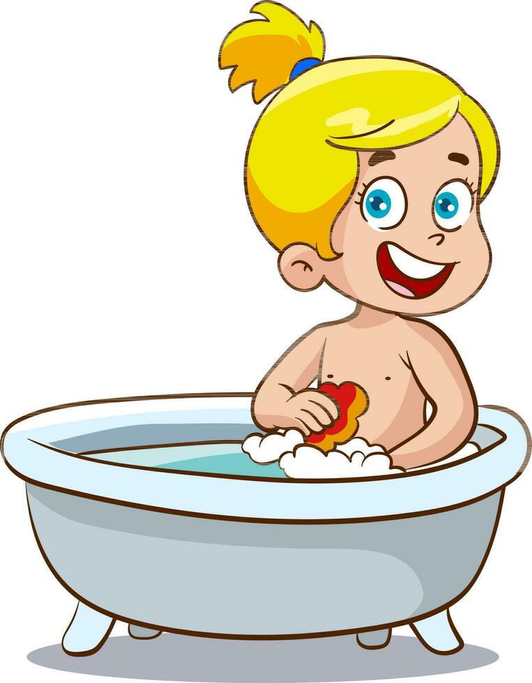 Cute little girl taking shower in bathtub. Happy kid doing everyday hygiene activities cartoon vector illustration