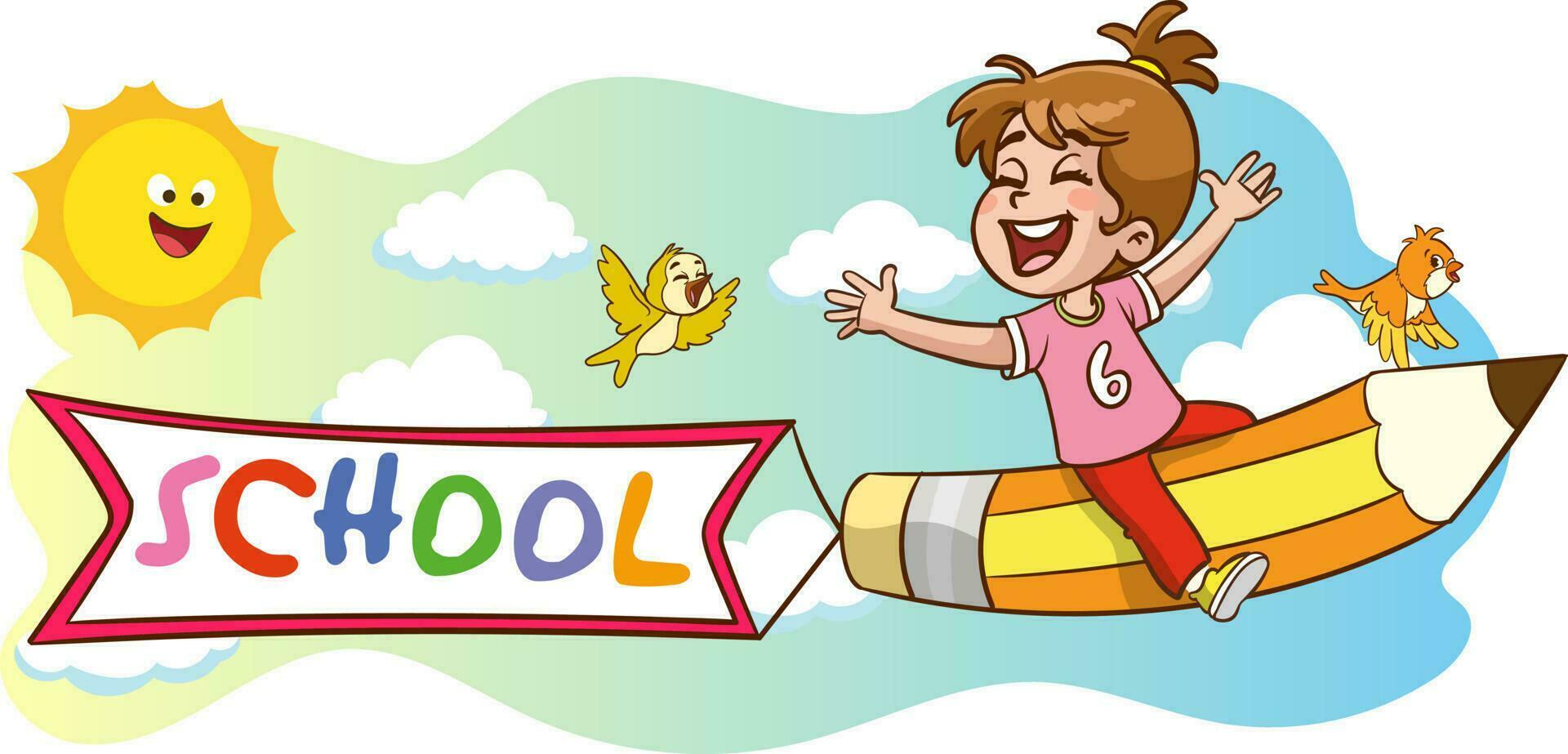 Funny Kid Flying On Colorful Pencil .vector illustration of child education image. vector