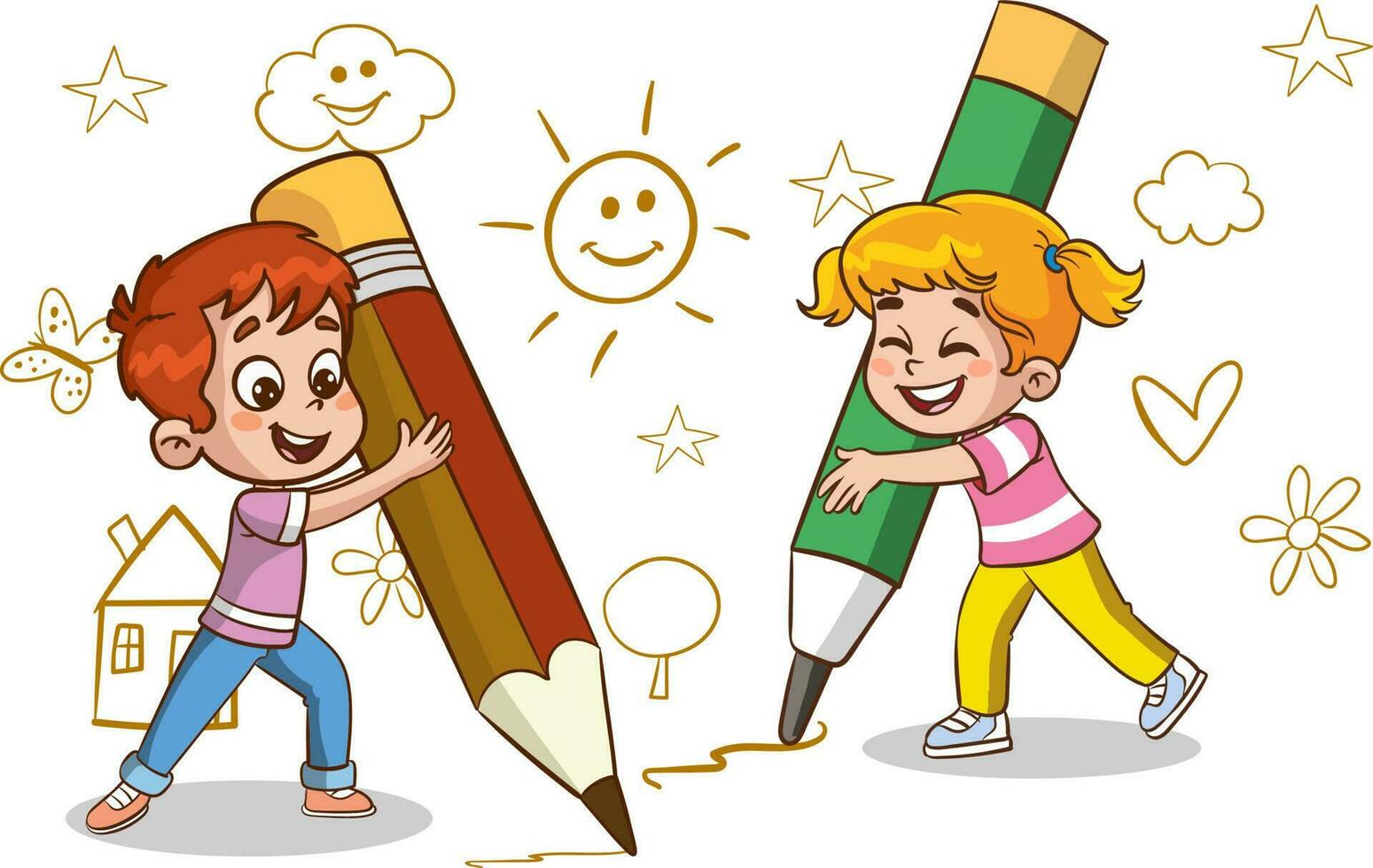 kids big pencil drawing vector illustration