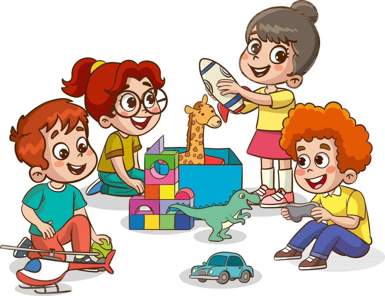 Children playing with toys. Vector illustration of kids playing with toys.