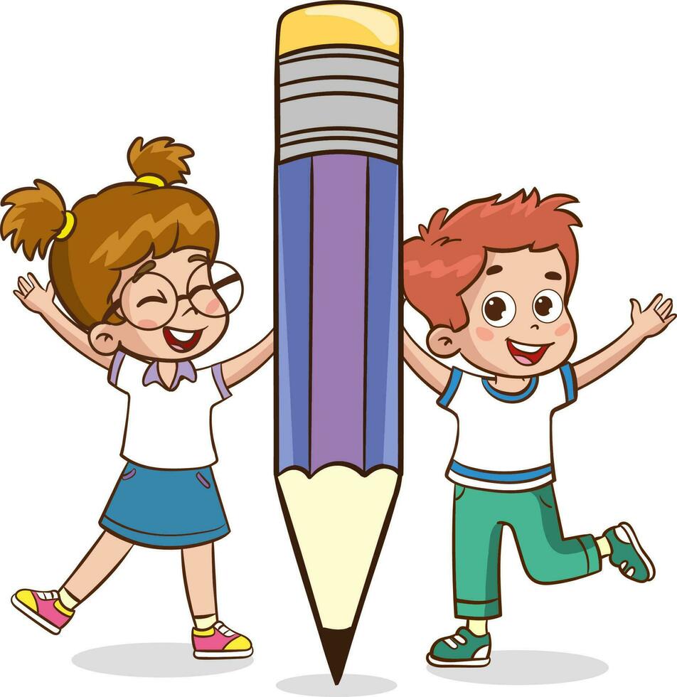 niños escritura con un grande bolígrafo dibujos animados vector