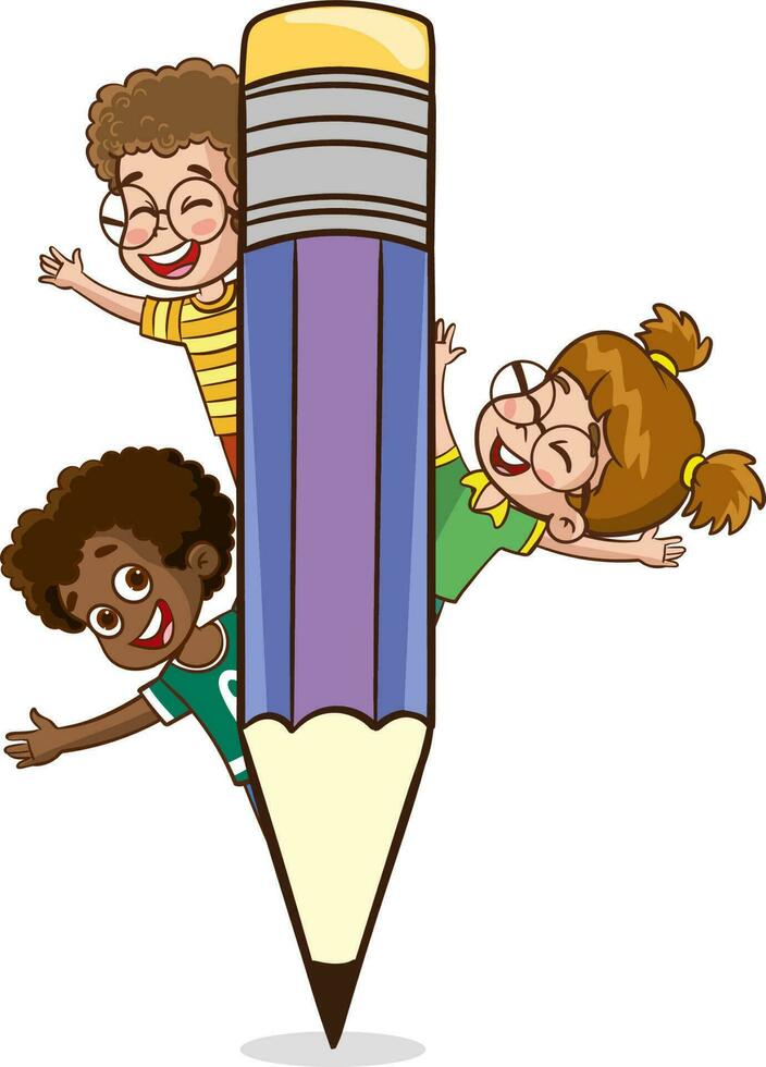 kids writing with a big pen cartoon vector