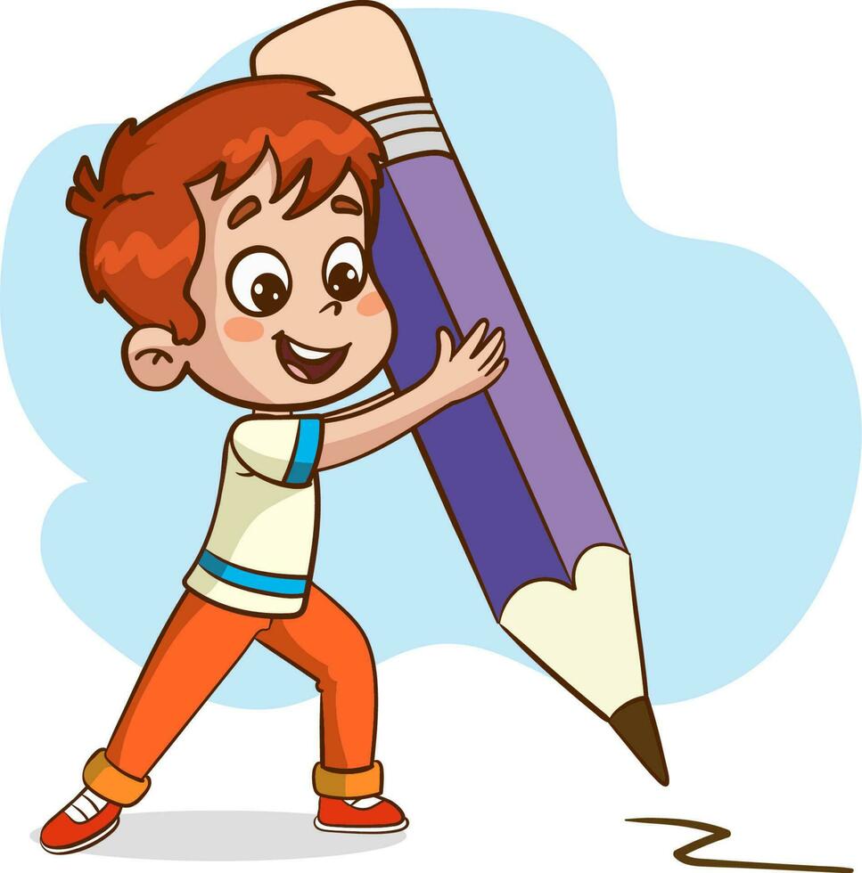 niños escritura con un grande bolígrafo dibujos animados vector