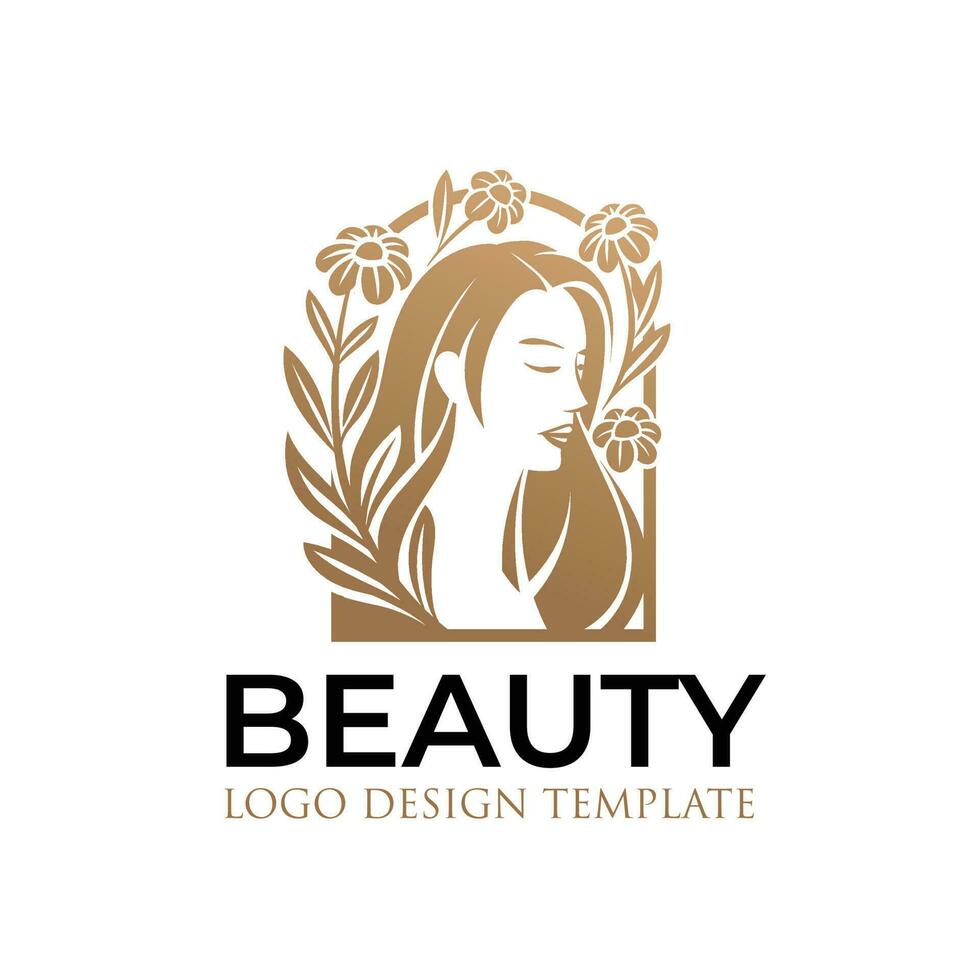 hermosa mujer logo con oro hojas y flores vector