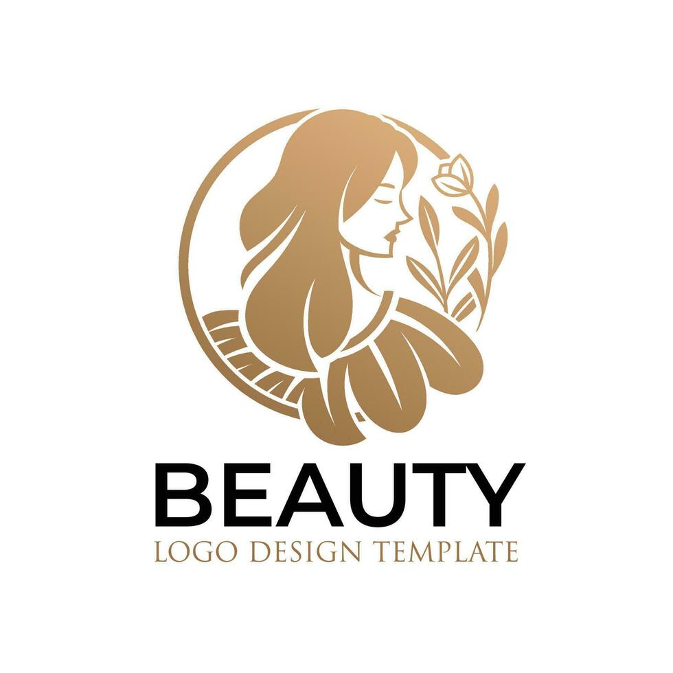 Beautiful Woman Logo With Gold Leaves and Flowers vector